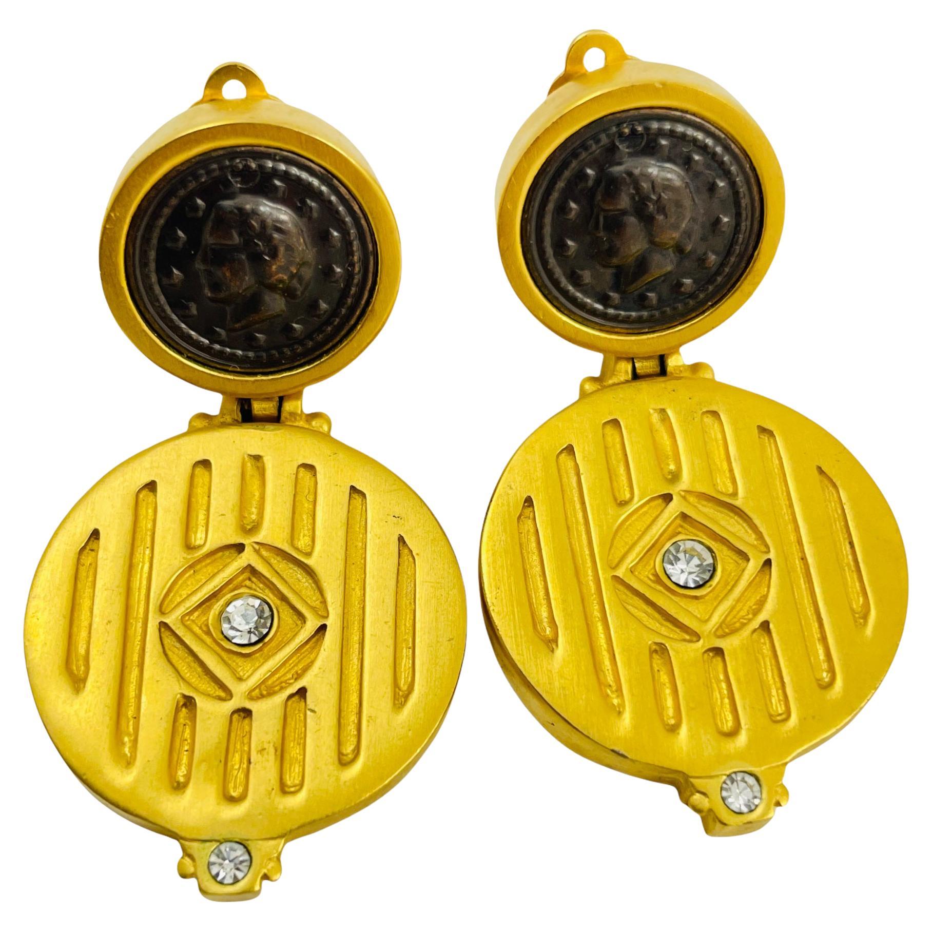 Vintage huge matte gold coin rhinestones dangle designer runway clip on earrings For Sale