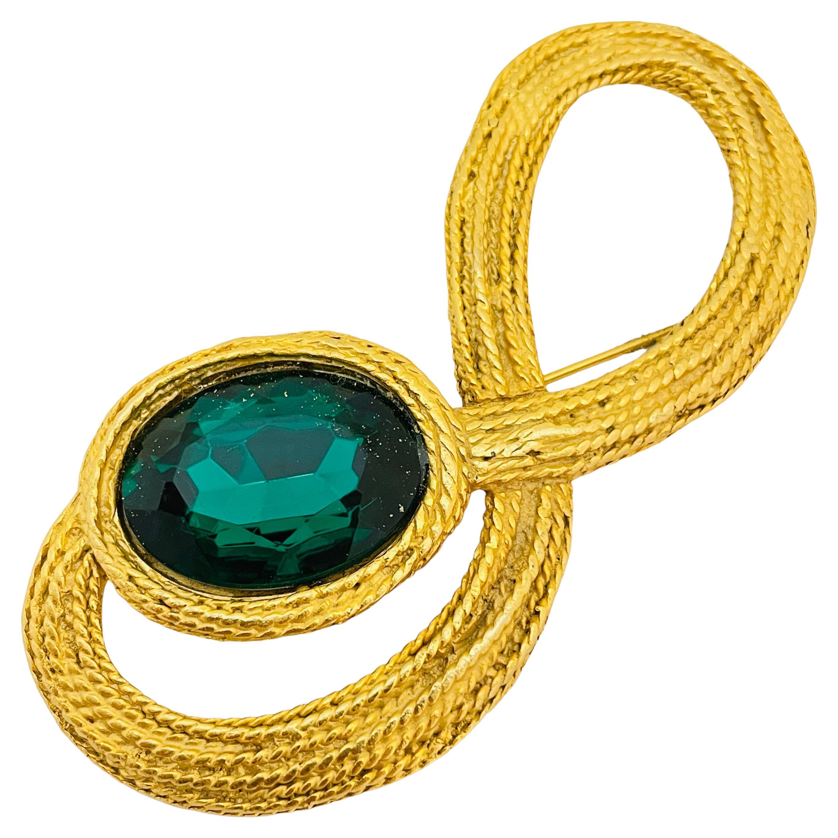 Vintage huge matte gold green glass designer runway brooch For Sale