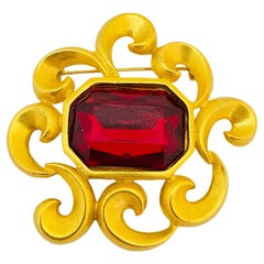 Vintage huge matte gold red glass designer runway brooch