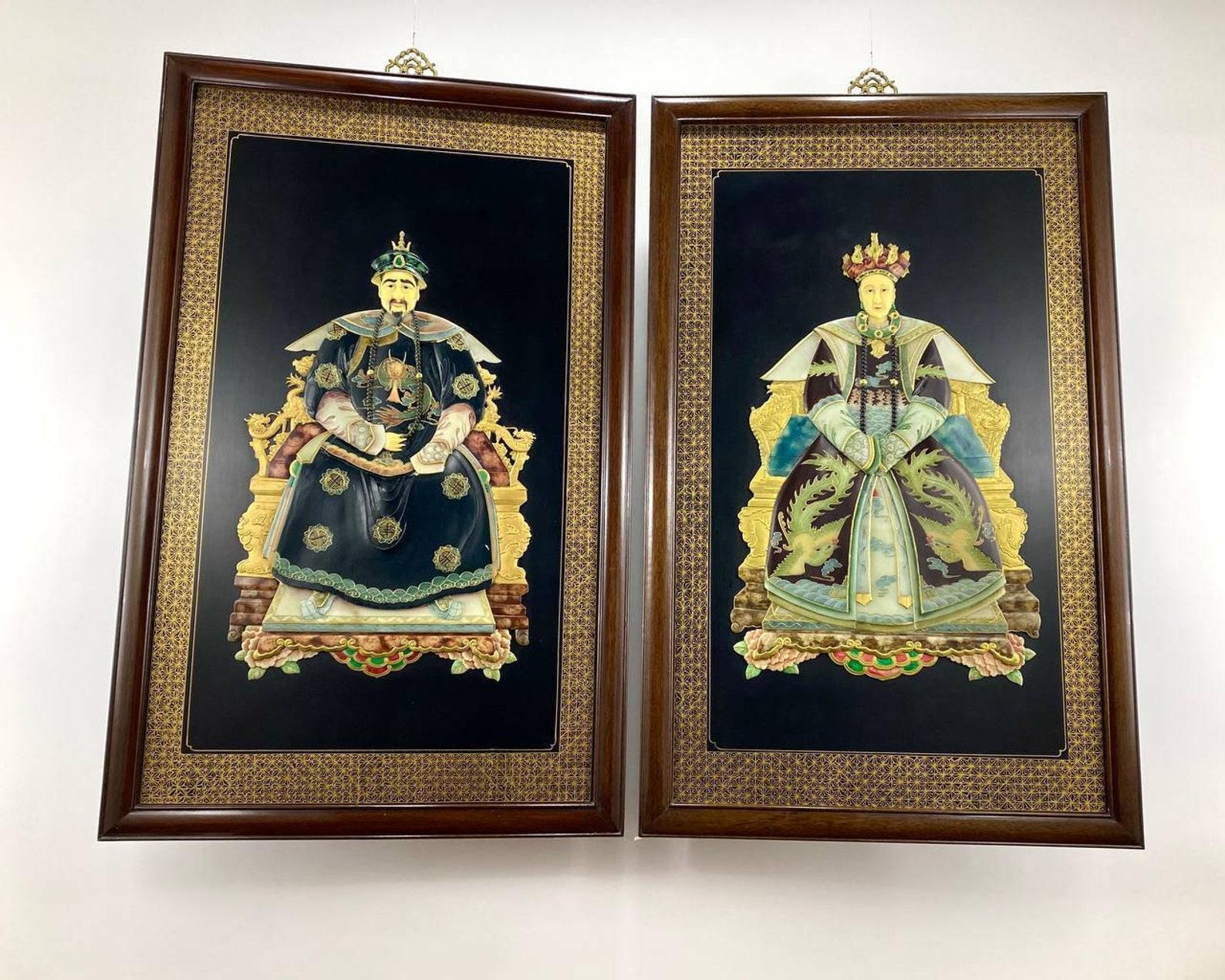 Chinese Vintage Huge Pair of Chinoiserie Portraits Asian Emperor-Empress Wall Plaque For Sale