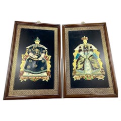 Vintage Huge Pair of Chinoiserie Portraits Asian Emperor-Empress Wall Plaque
