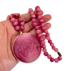 Vintage huge pink glass massive pendant beaded designer necklace