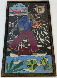 Vintage Huichol Psychedelic Nierikas "Campadre" Yarn Painting, Mexico C.1970