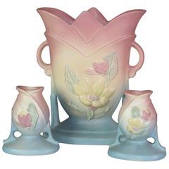 Vintage Hull Art Pottery Garnitur Vase & Kerzenständer Set, ca. 1940