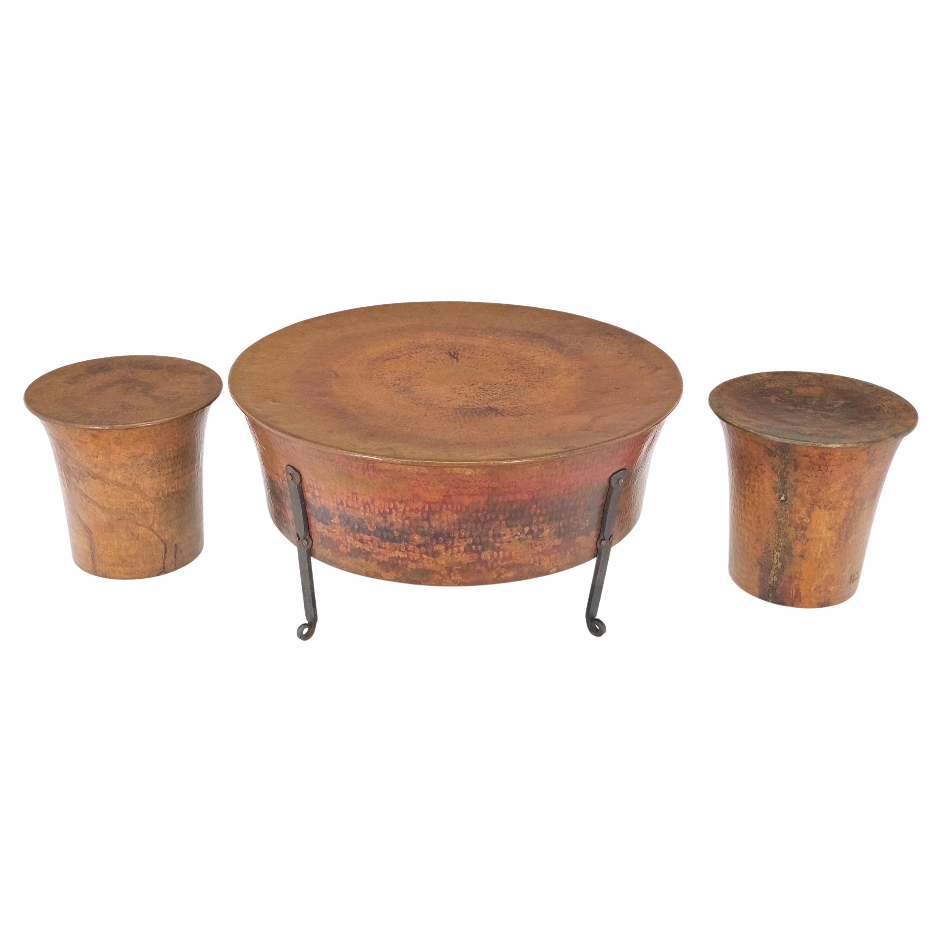 Vintage Hummered Forged Copper & Iron Round Coffee Table & Pair of Stools Seats