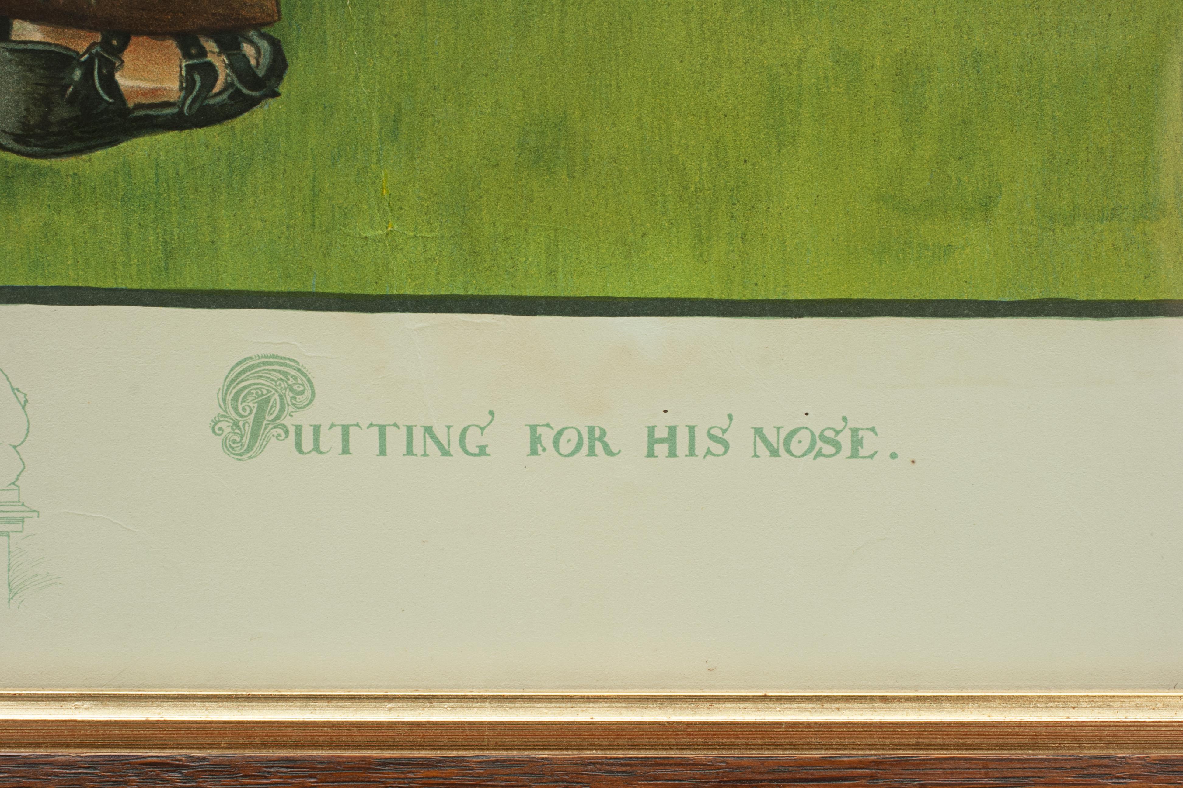 Paper Vintage Golf Art, Humorous Golf Print, Putting for His Nose, Charles Crombie For Sale