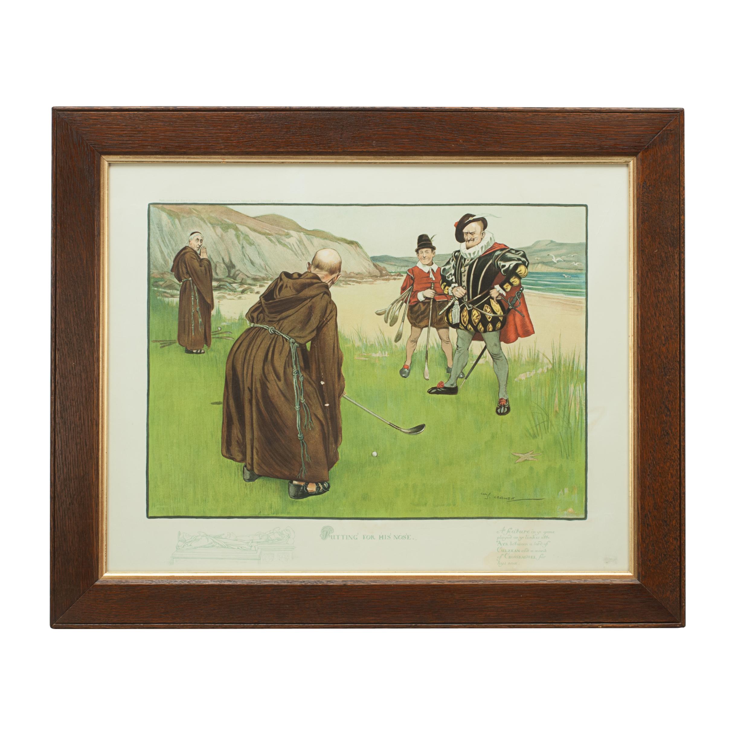 Vintage Golf Art, Humorous Golf Print, Putting for His Nose, Charles Crombie In Good Condition For Sale In Oxfordshire, GB