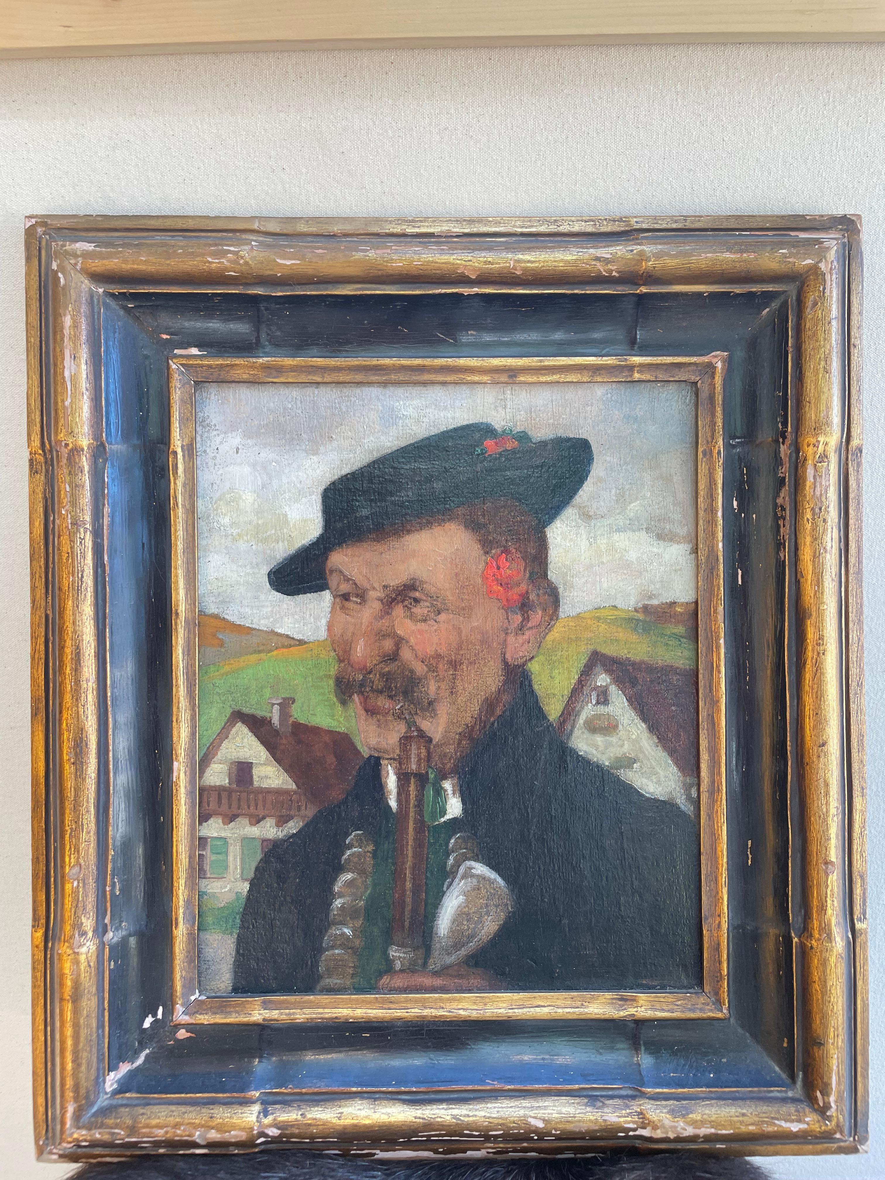 Peinture à l'huile vintage d'un portrait populaire hongrois dans un cadre rustique en vente 3