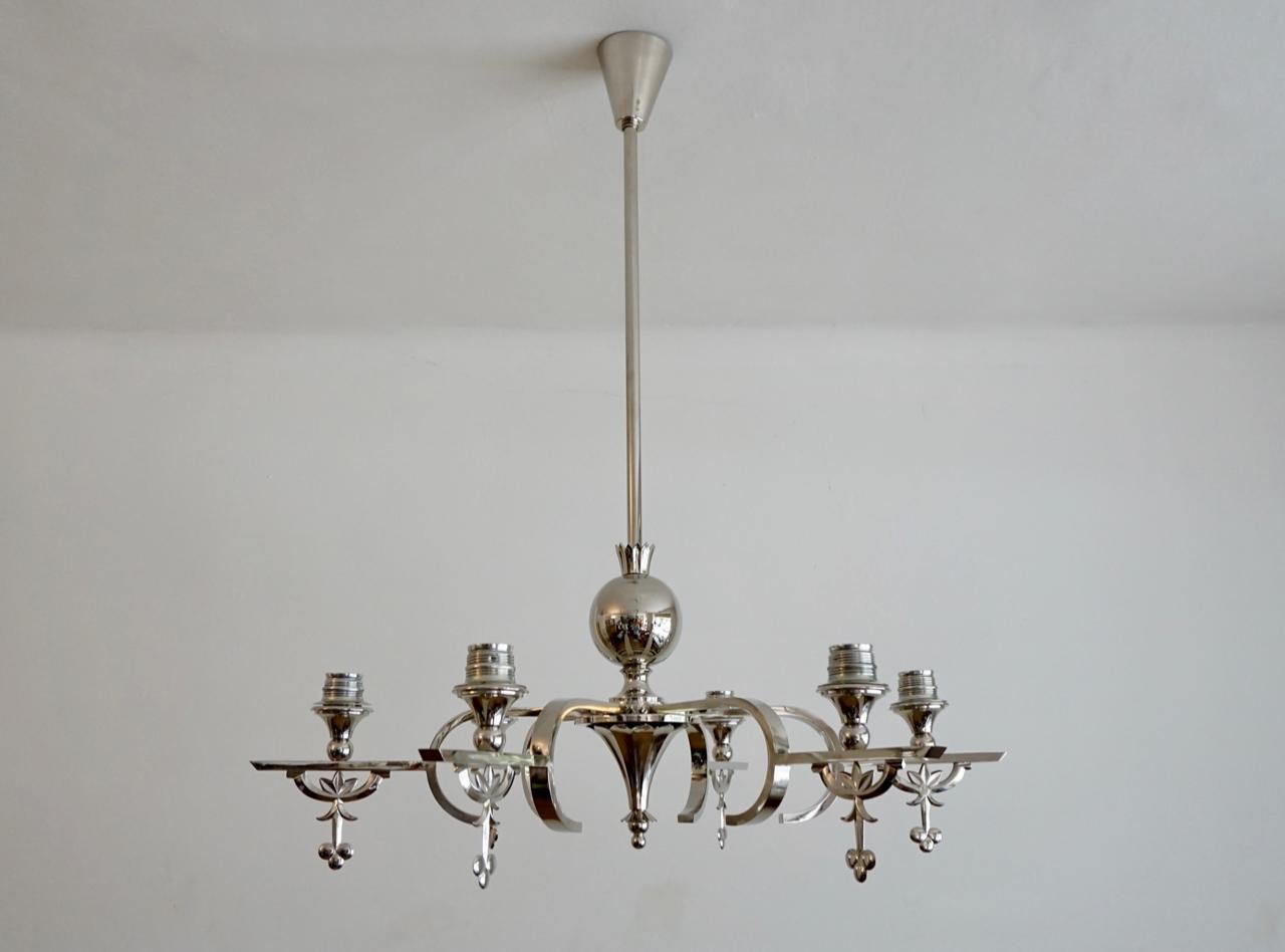 Vintage Hungarian nickel-plated chandelier by Lajos Kozma for Grünberger Jeno
Completely restored, one-of-a-kind chandelier from the Iconic Designer Lajos (or Ludwig) Kozma. Beautiful design piece from the 1920s. 
The casted metal plated in nickel