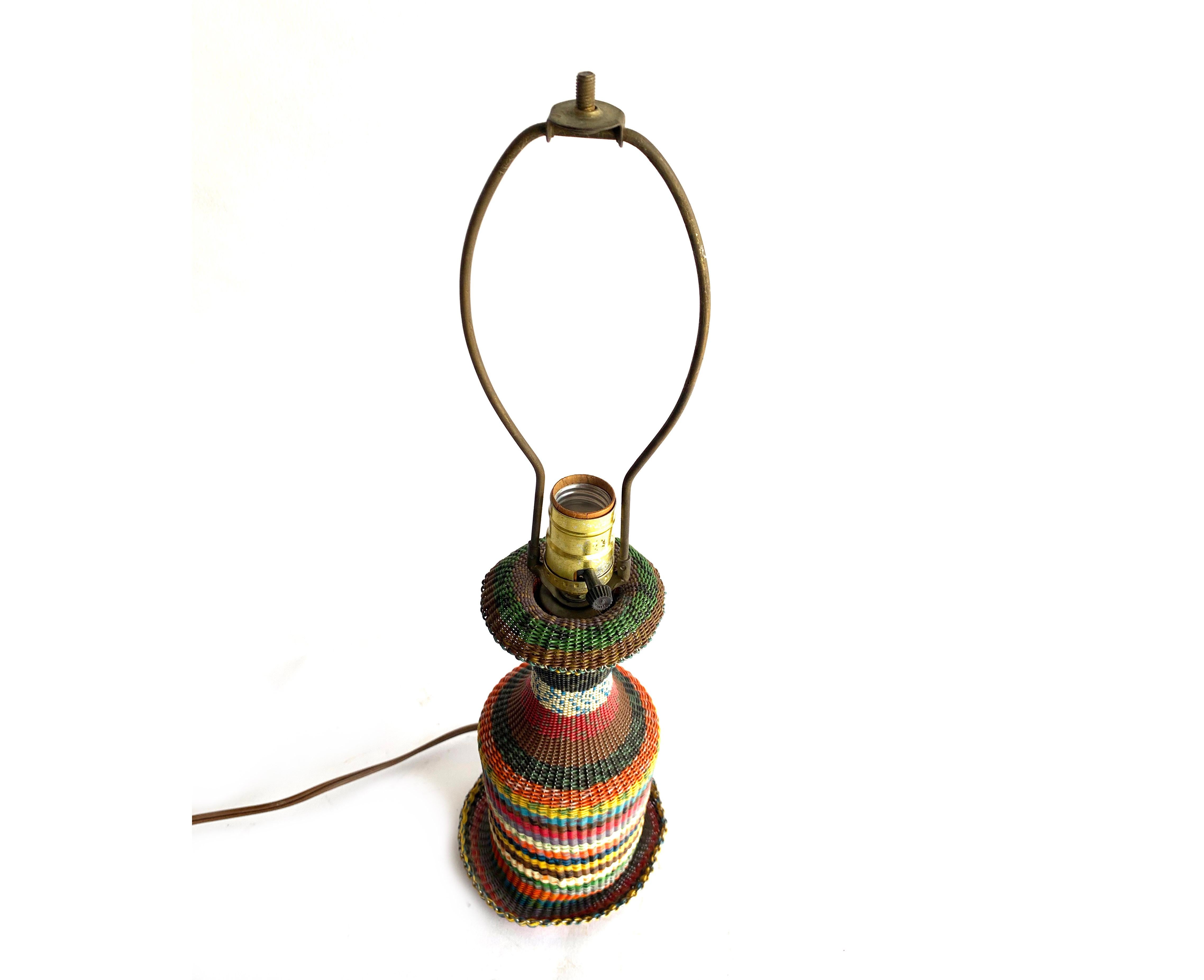 Vintage Hungarian Woven Wire Glass Bottle Table Lamp, 1960s Folk Art Light In Good Condition For Sale In Chicago, IL