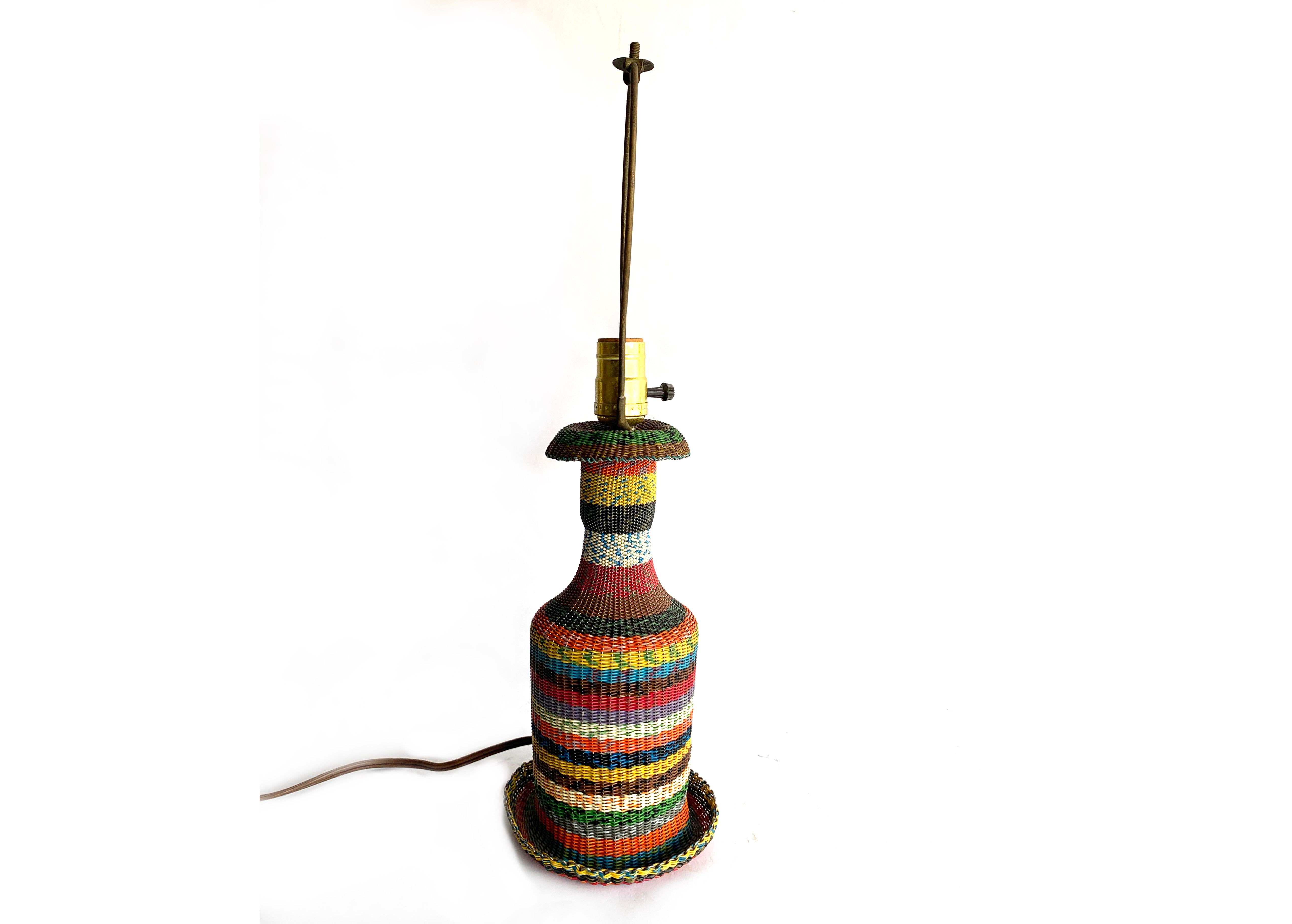 Mid-20th Century Vintage Hungarian Woven Wire Glass Bottle Table Lamp, 1960s Folk Art Light For Sale