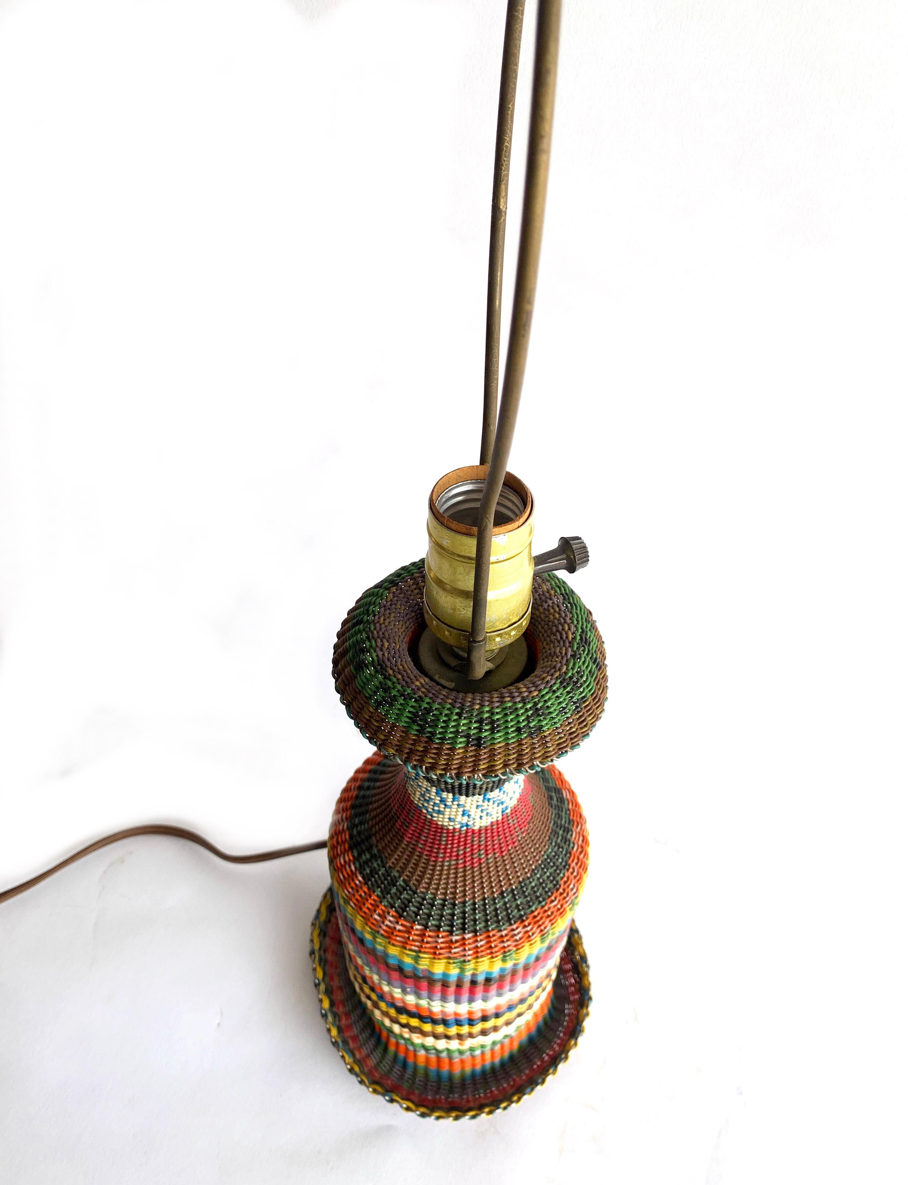 Vintage Hungarian Woven Wire Glass Bottle Table Lamp, 1960s Folk Art Light For Sale 1
