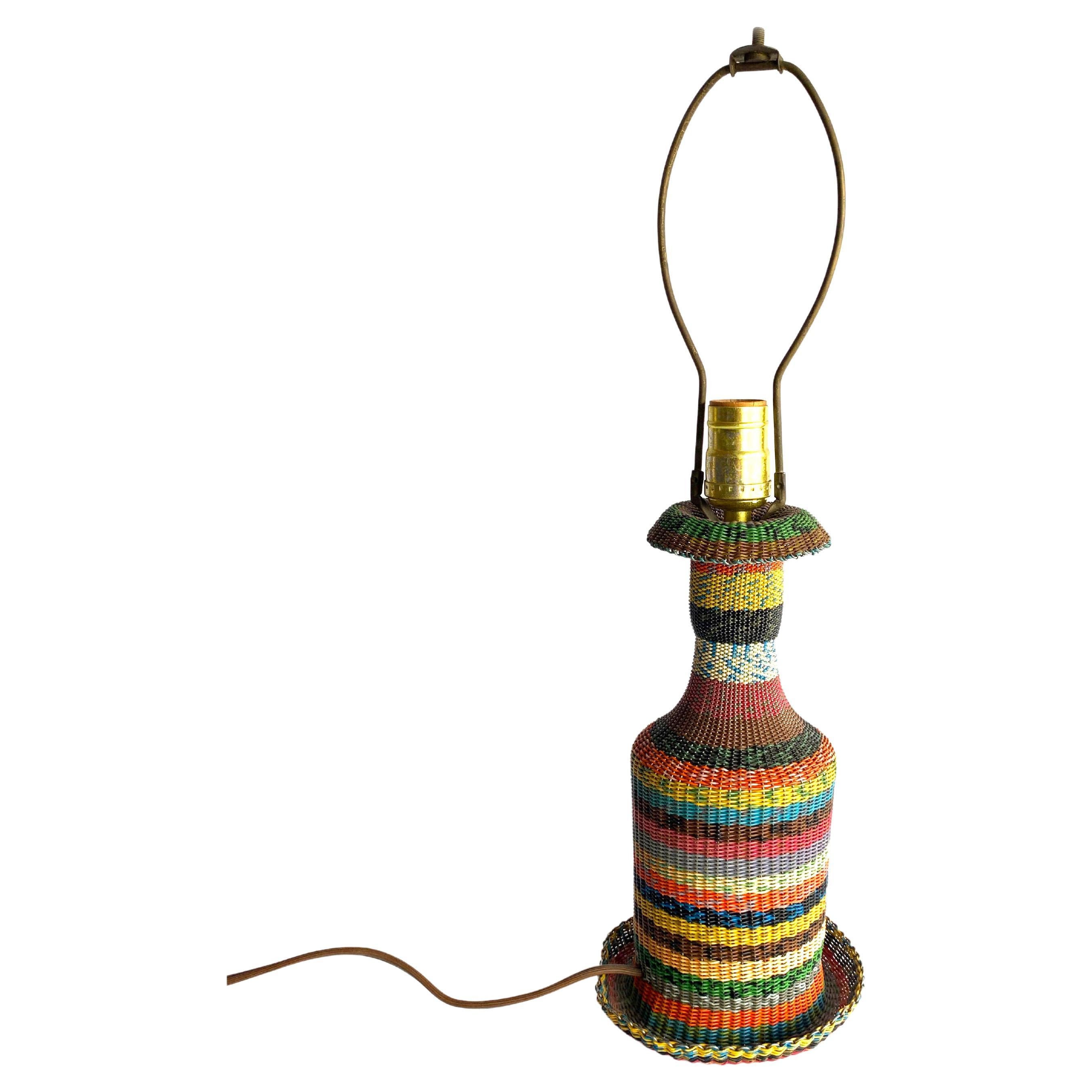 Vintage Hungarian Woven Wire Glass Bottle Table Lamp, 1960s Folk Art Light For Sale