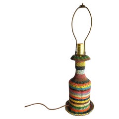 Retro Hungarian Woven Wire Glass Bottle Table Lamp, 1960s Folk Art Light