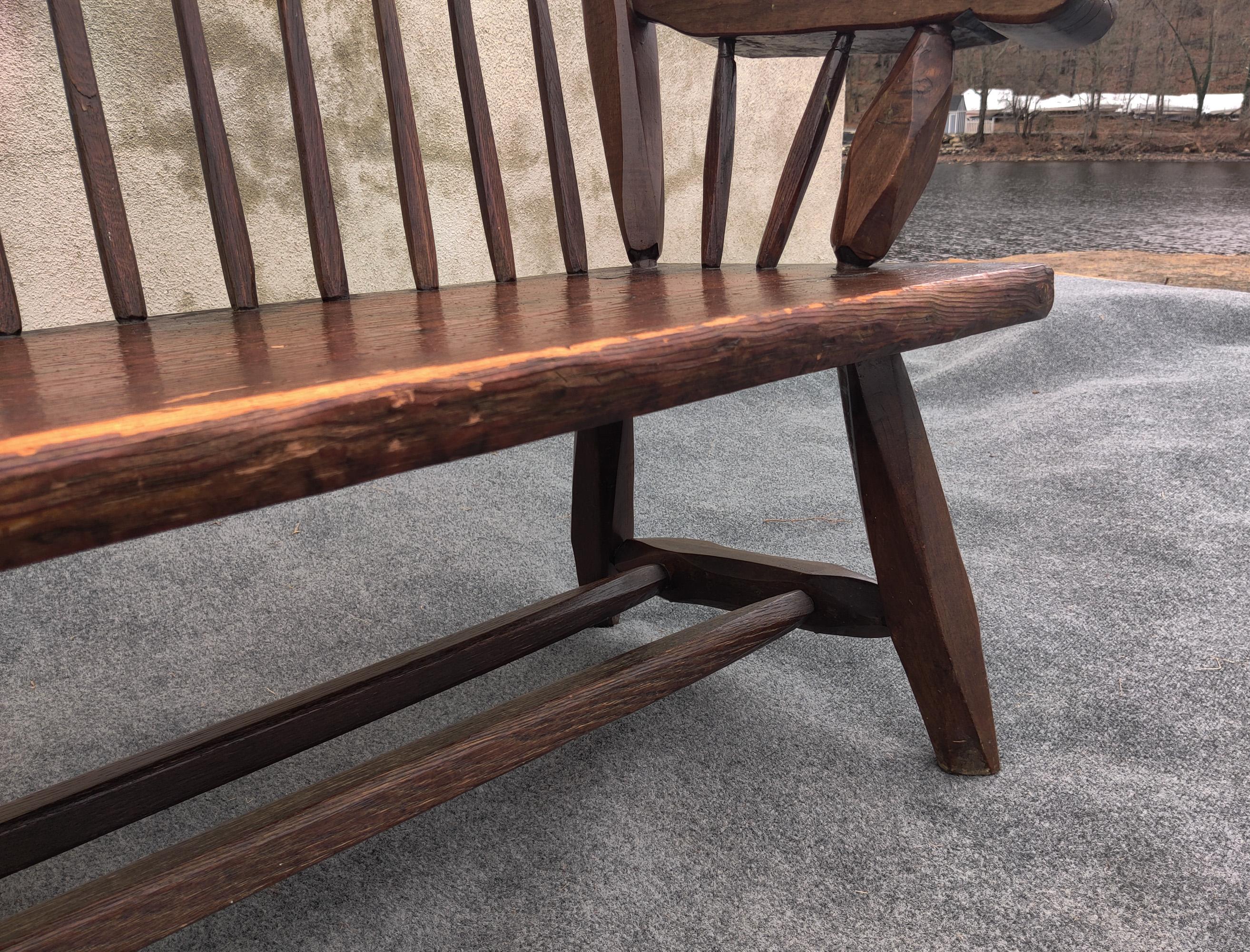 Vintage Hunt Country Furniture Carved Mixed Woods Bench Spindled Back Cedar 4