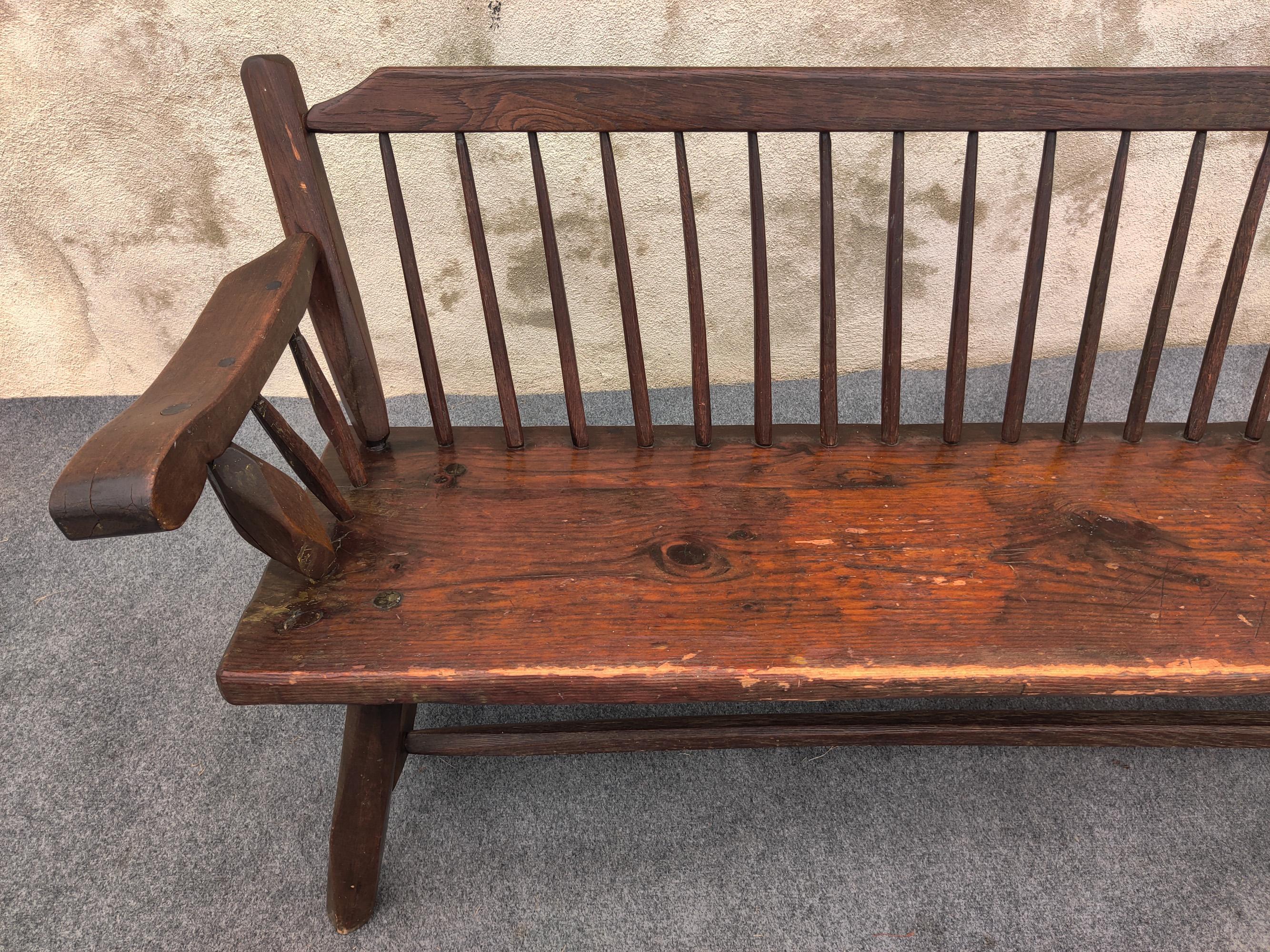 Vintage Hunt Country Furniture Carved Mixed Woods Bench Spindled Back Cedar 7
