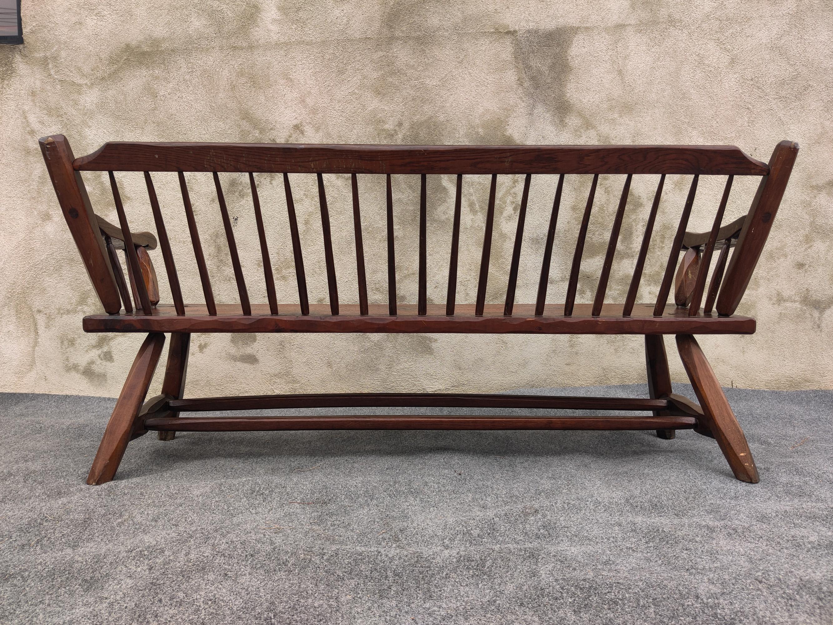 Vintage Hunt Country Furniture Carved Mixed Woods Bench Spindled Back Cedar 9