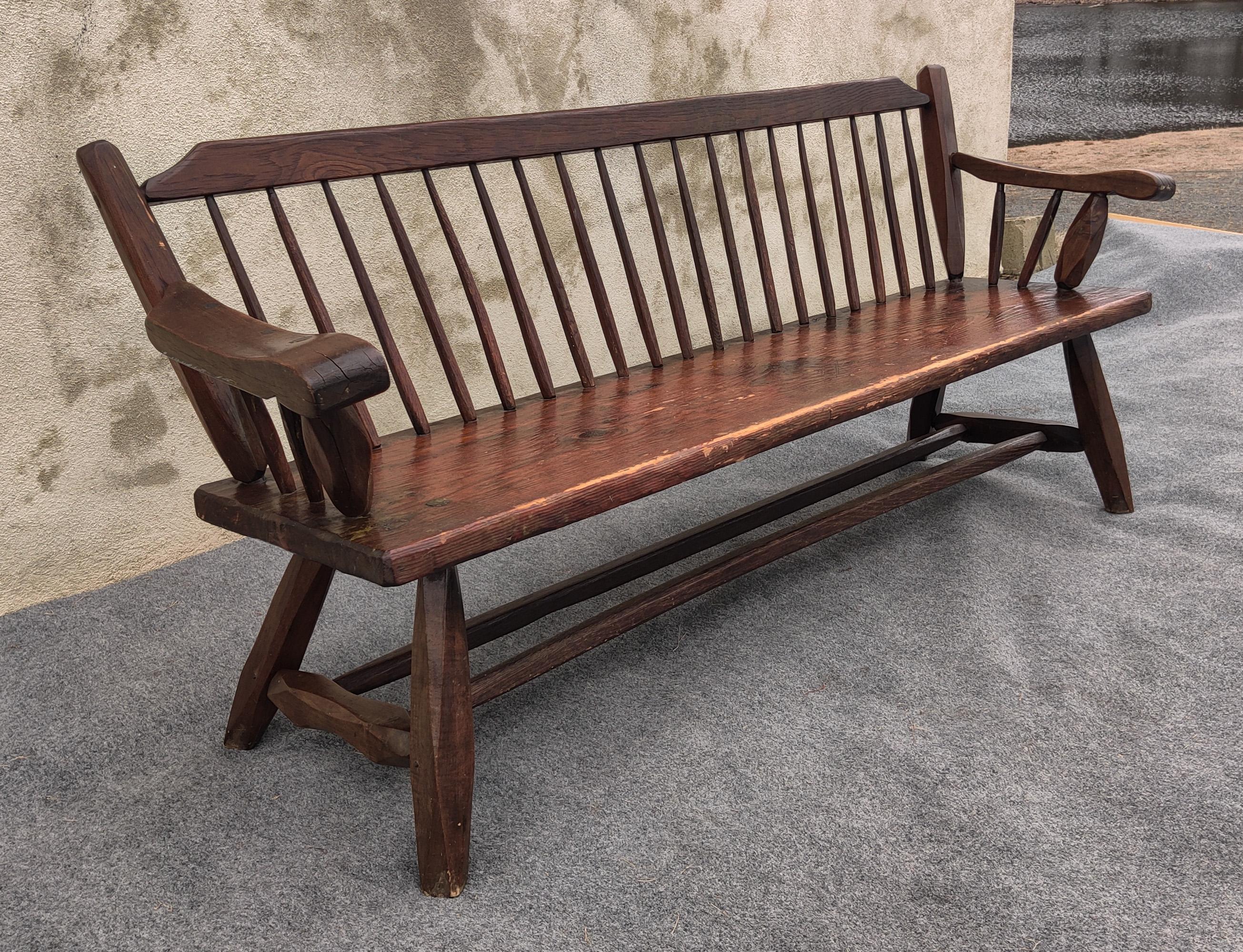 Rustic Vintage Hunt Country Furniture Carved Mixed Woods Bench Spindled Back Cedar