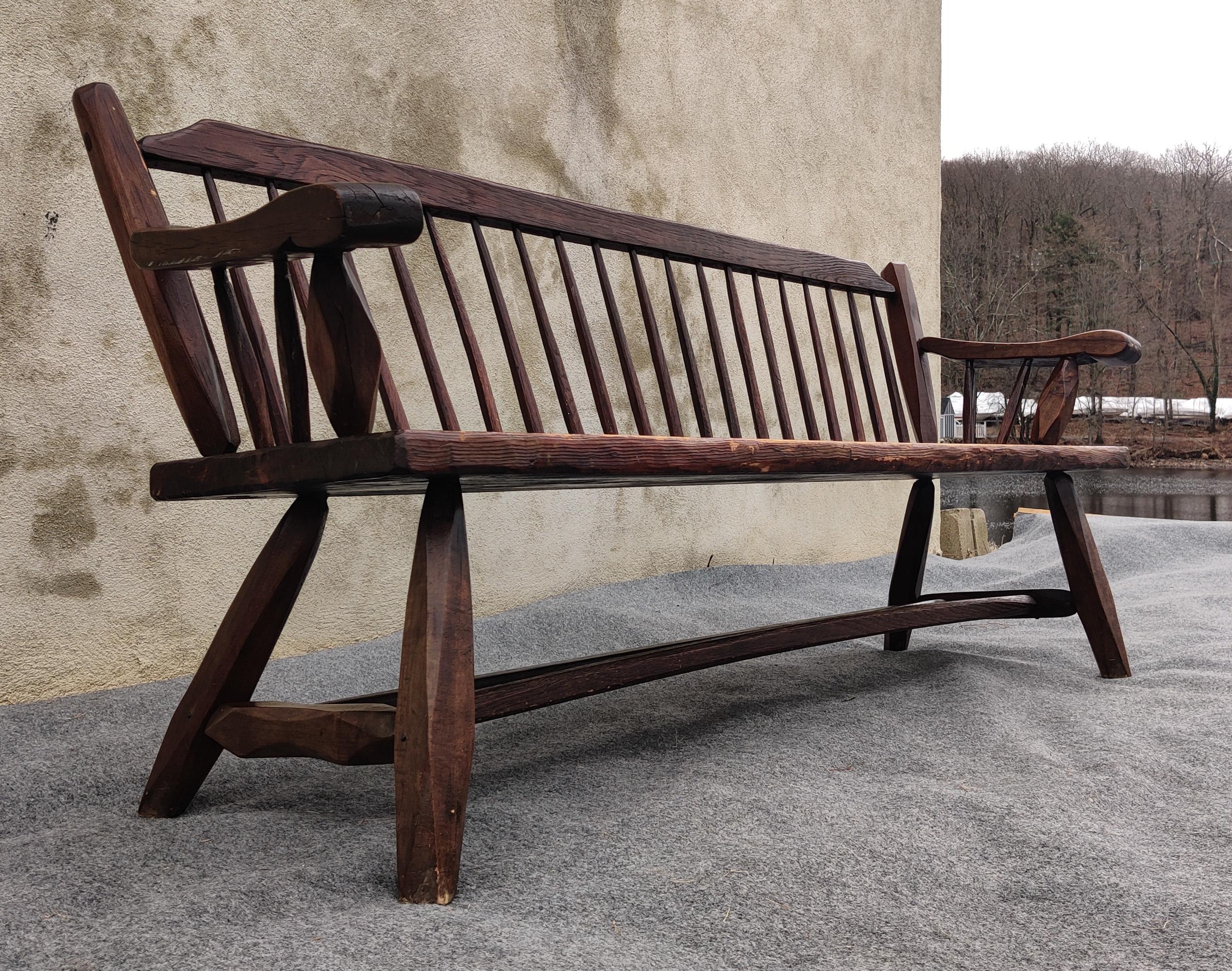 American Vintage Hunt Country Furniture Carved Mixed Woods Bench Spindled Back Cedar