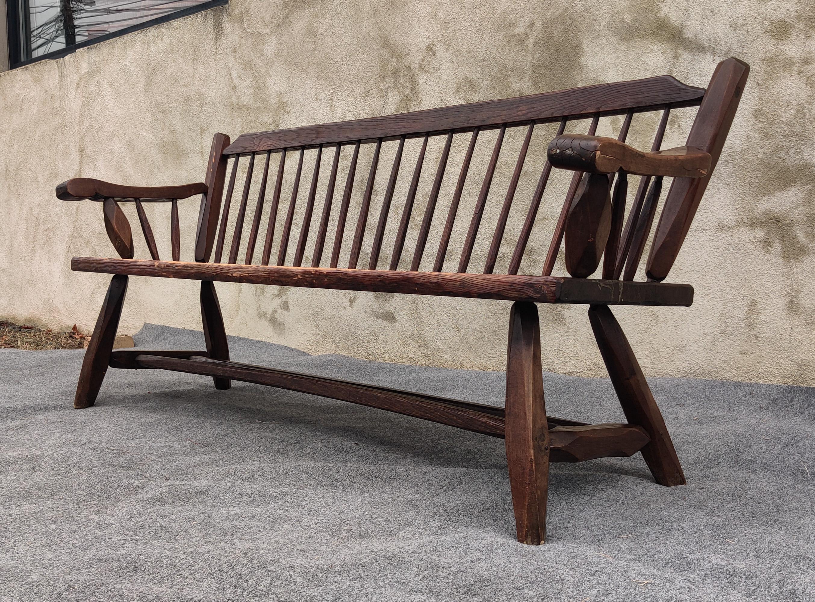 Mid-20th Century Vintage Hunt Country Furniture Carved Mixed Woods Bench Spindled Back Cedar
