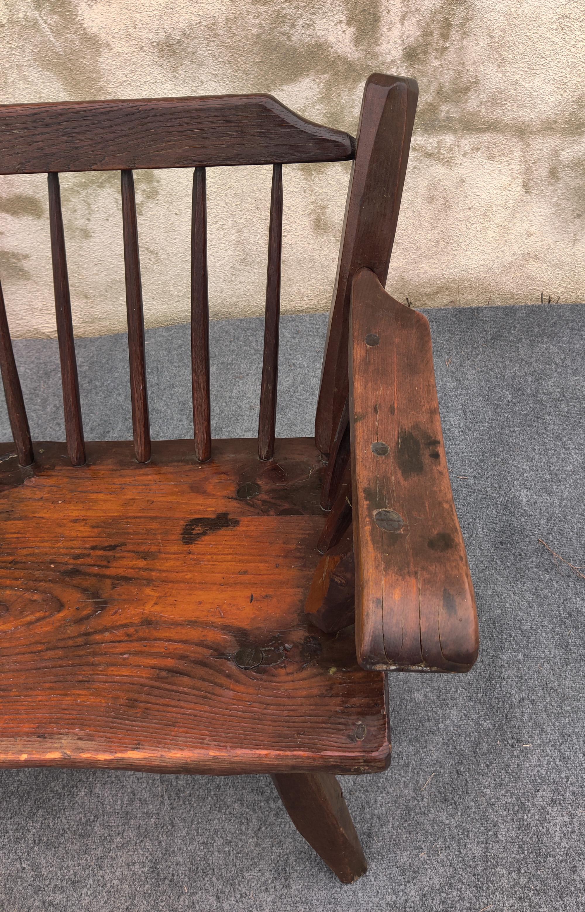 Vintage Hunt Country Furniture Carved Mixed Woods Bench Spindled Back Cedar 2