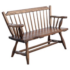 Vintage Hunt Country Furniture Carved Mixed Woods Bench Spindled Back Cedar