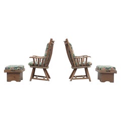 Vintage Hunt Country Furniture Carved Mixed Woods Lounge Chairs Spindled Backs