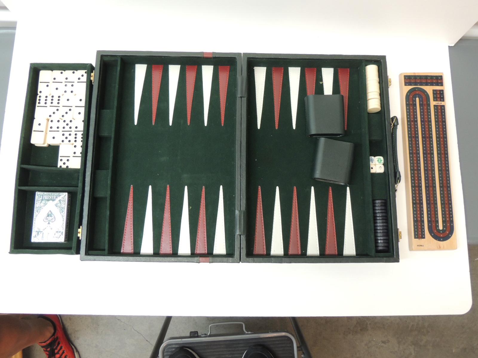 Mid-Century Modern Vintage Hunter Green and Red Backgammon Set with Dominoes, Cards and Cribbage