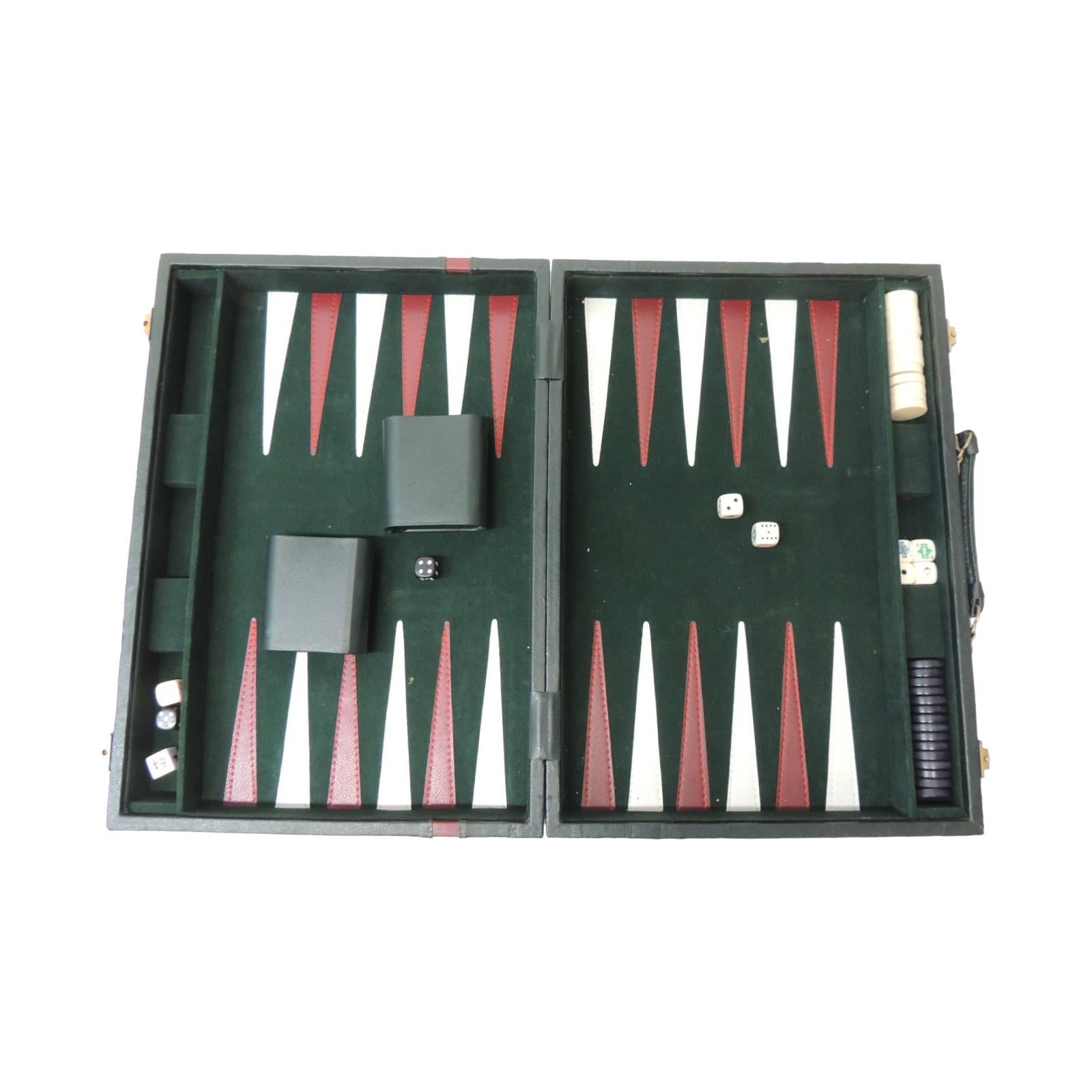 Vintage Hunter Green and Red Backgammon Set with Dominoes, Cards and Cribbage