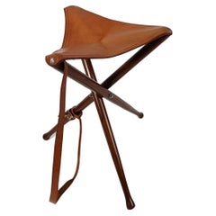 Vintage Hunting Campaign Folding Tripod Stool in Italian Cognac Leather and Wood