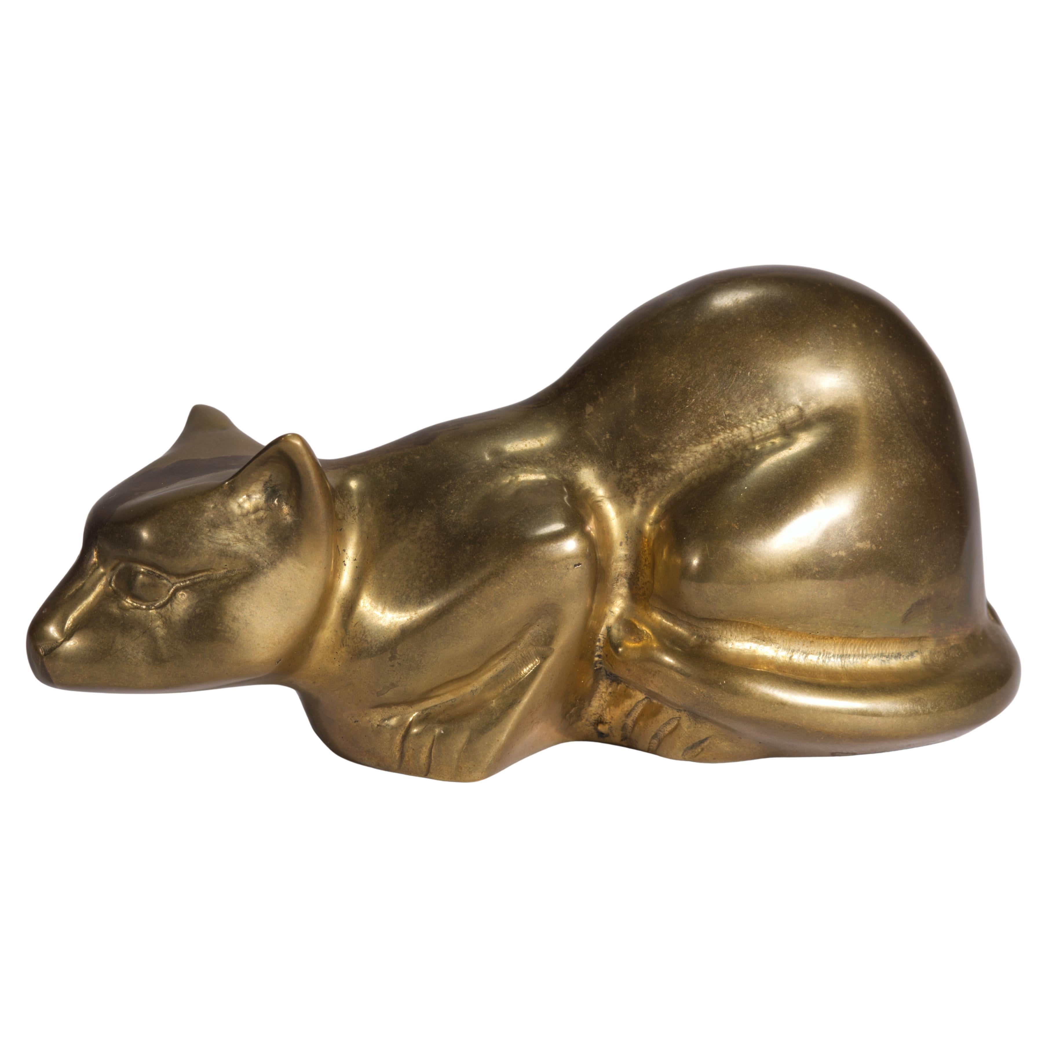 Vintage Hunting Crouching Brass Cat Figurine