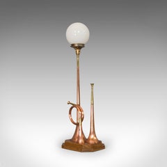 Vintage Hunting Horn Lamp, English, Brass, Oak, Decorative, Light, Shade