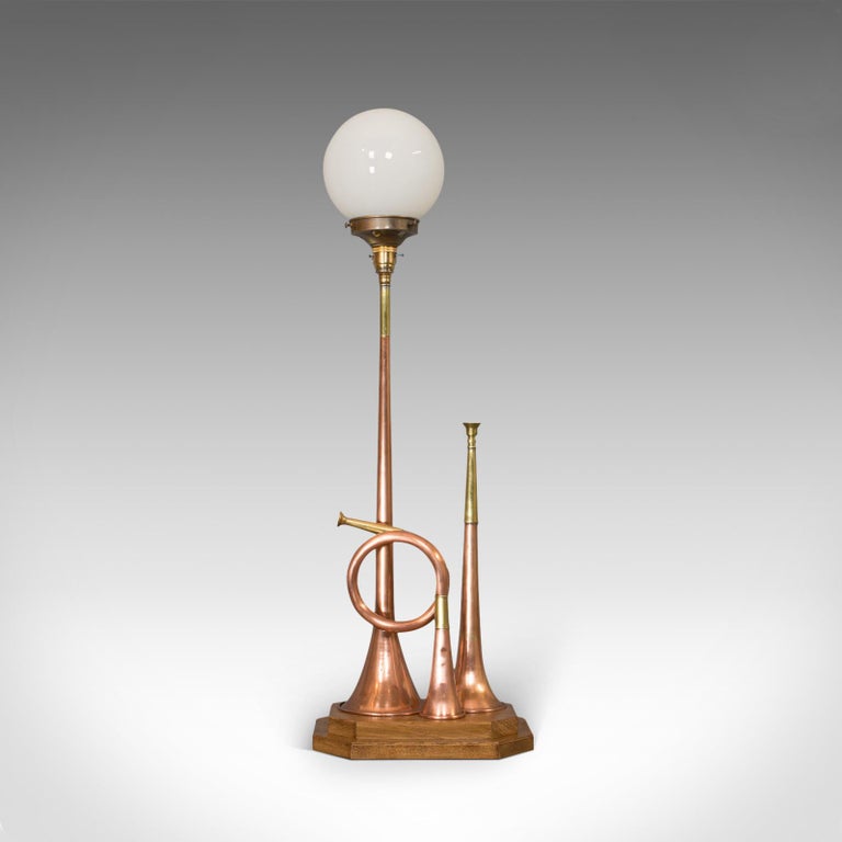 Vintage Hunting Horn Lamp, English, Brass, Oak, Decorative, Light