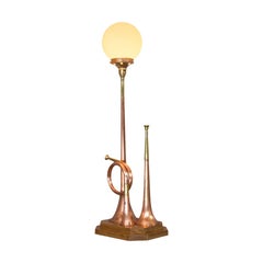 Vintage Hunting Horn Lamp, English, Brass, Oak, Decorative, Light, Shade