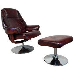 Vintage Hurup 1970 Swivel Leather ArmChair With footstool Circular Chrome #587