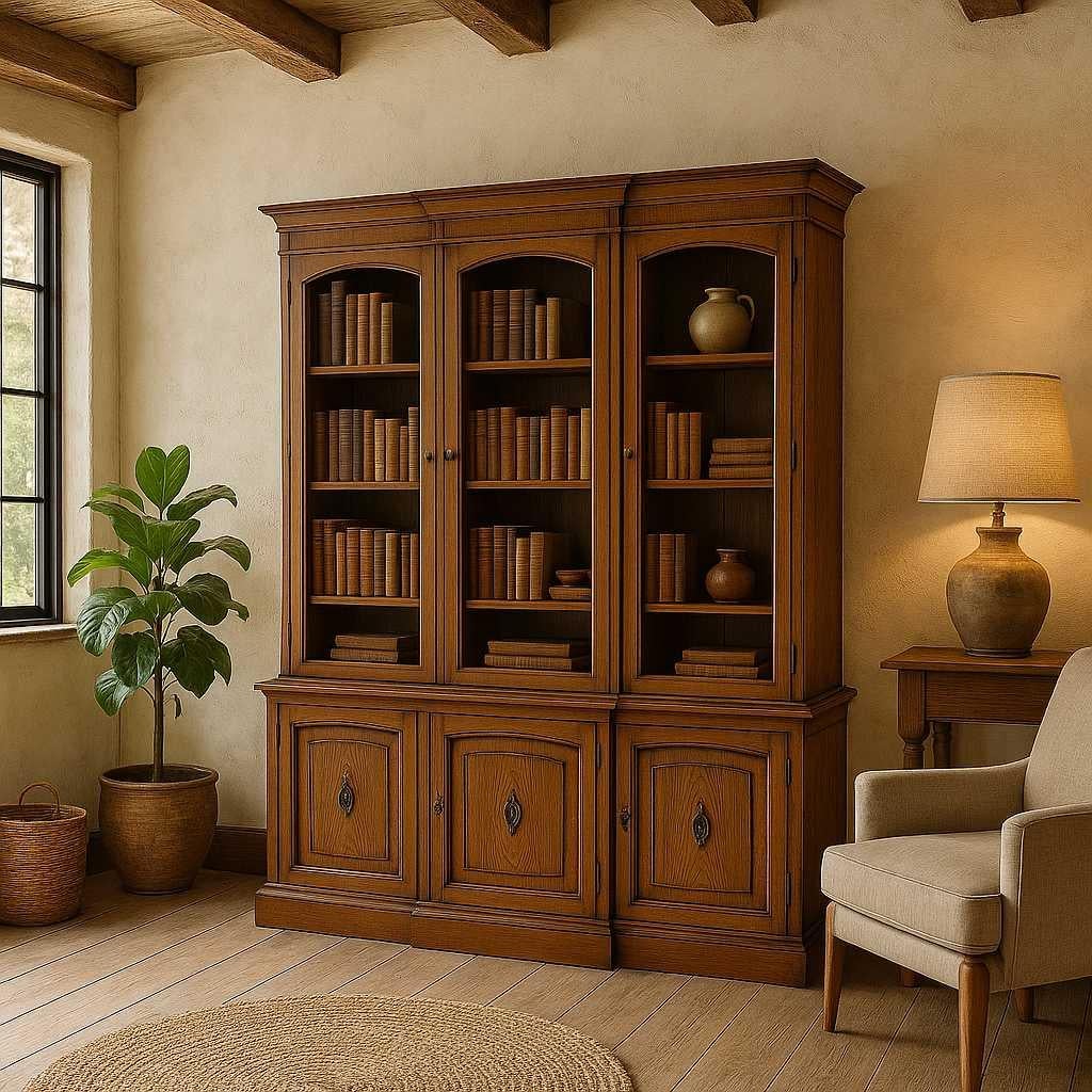 A stately hutch cabinet from Drexel’s sought-after Triune collection, crafted in rich mahogany and exuding timeless mid-century elegance with a traditional twist. This tall display piece features three upper bookcase-style sections with arched