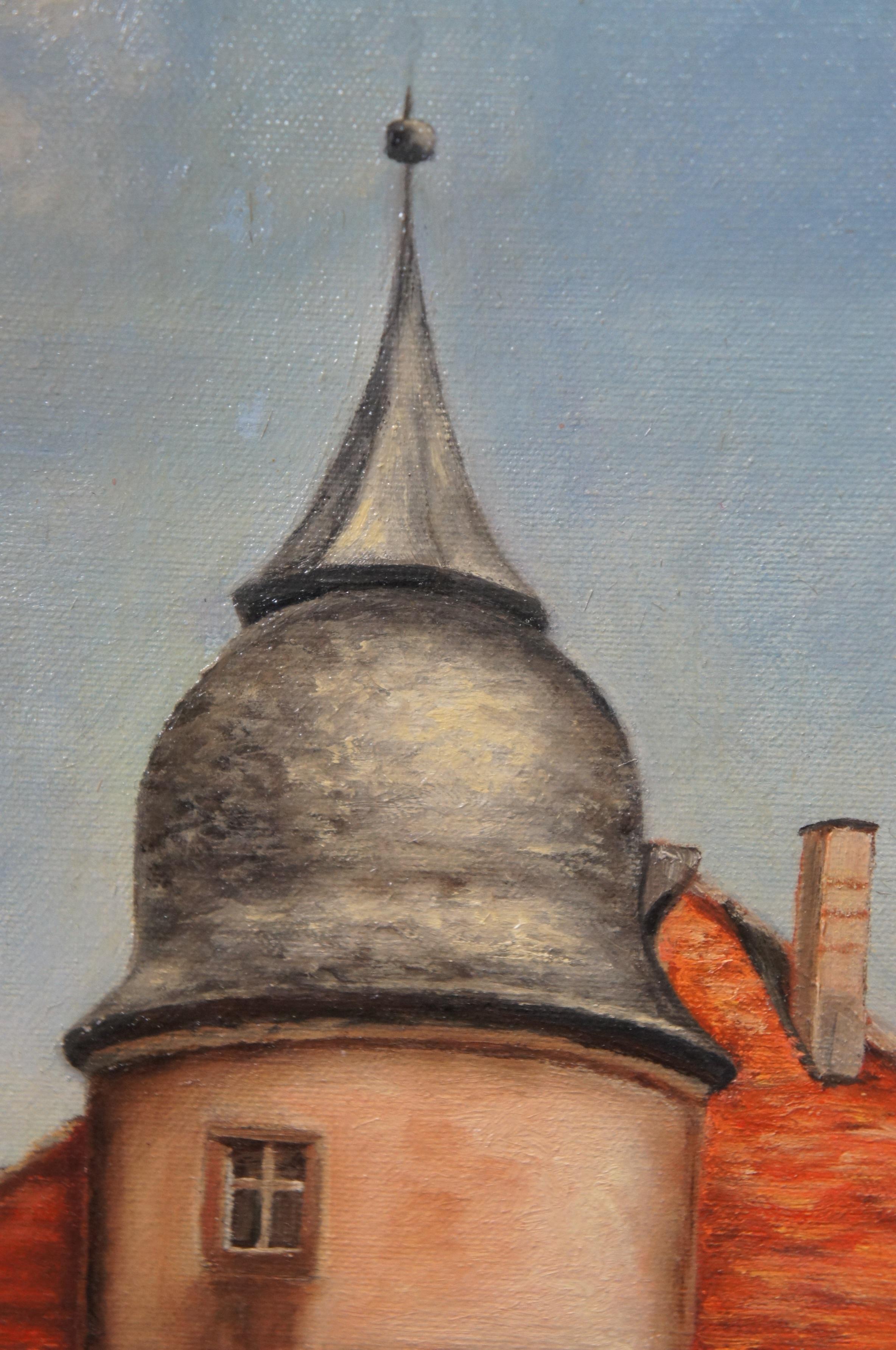 Vintage I. Krohm Schloss Euerburg Castillo alemán Pintura al óleo sobre lienzo 21