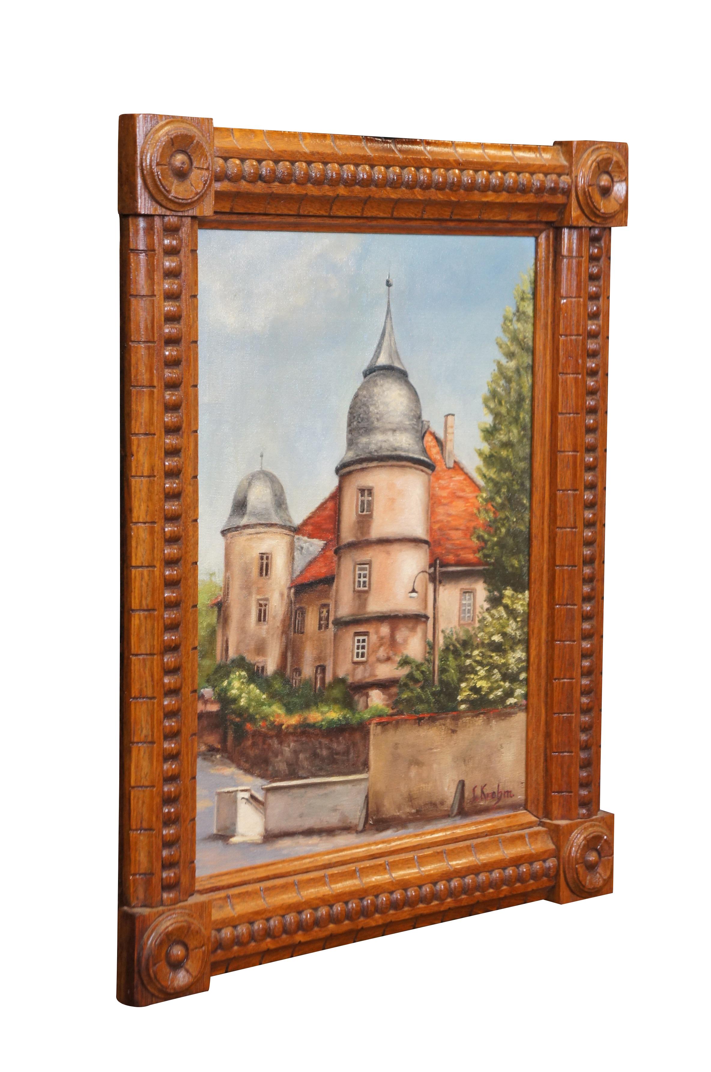 Pintura al óleo sobre lienzo de mediados o principios del siglo XX que representa una vista del paisaje urbano de Schloss Euerburg, un castillo de la época renacentista situado en Obereuerheim, Alemania. Firmado I. Krohm en la parte inferior