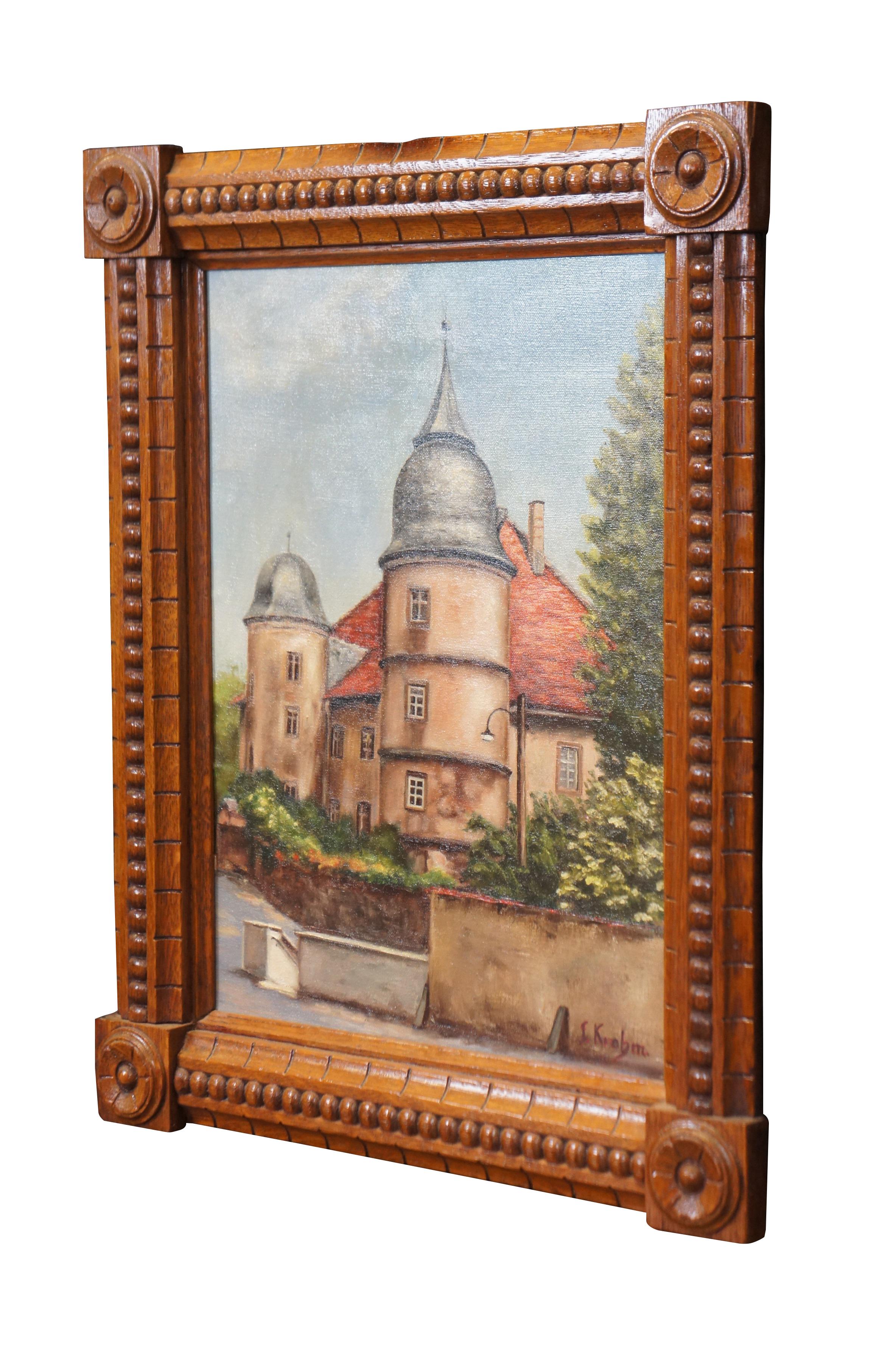 Vintage I. Krohm Schloss Euerburg Castillo alemán Pintura al óleo sobre lienzo 21