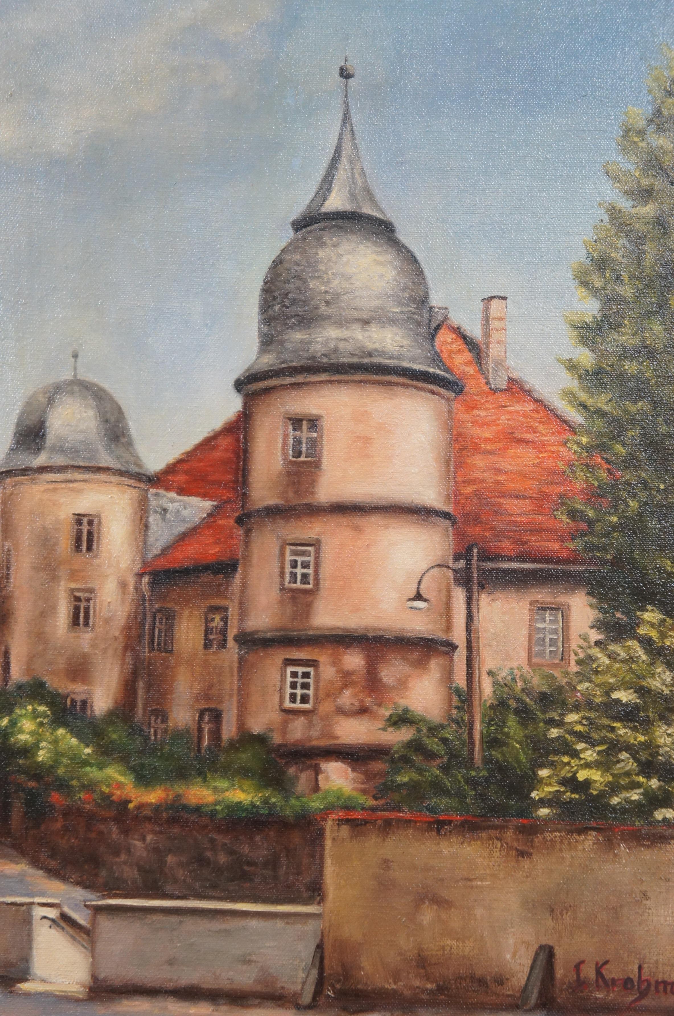Vintage I. Krohm Schloss Euerburg Castillo alemán Pintura al óleo sobre lienzo 21