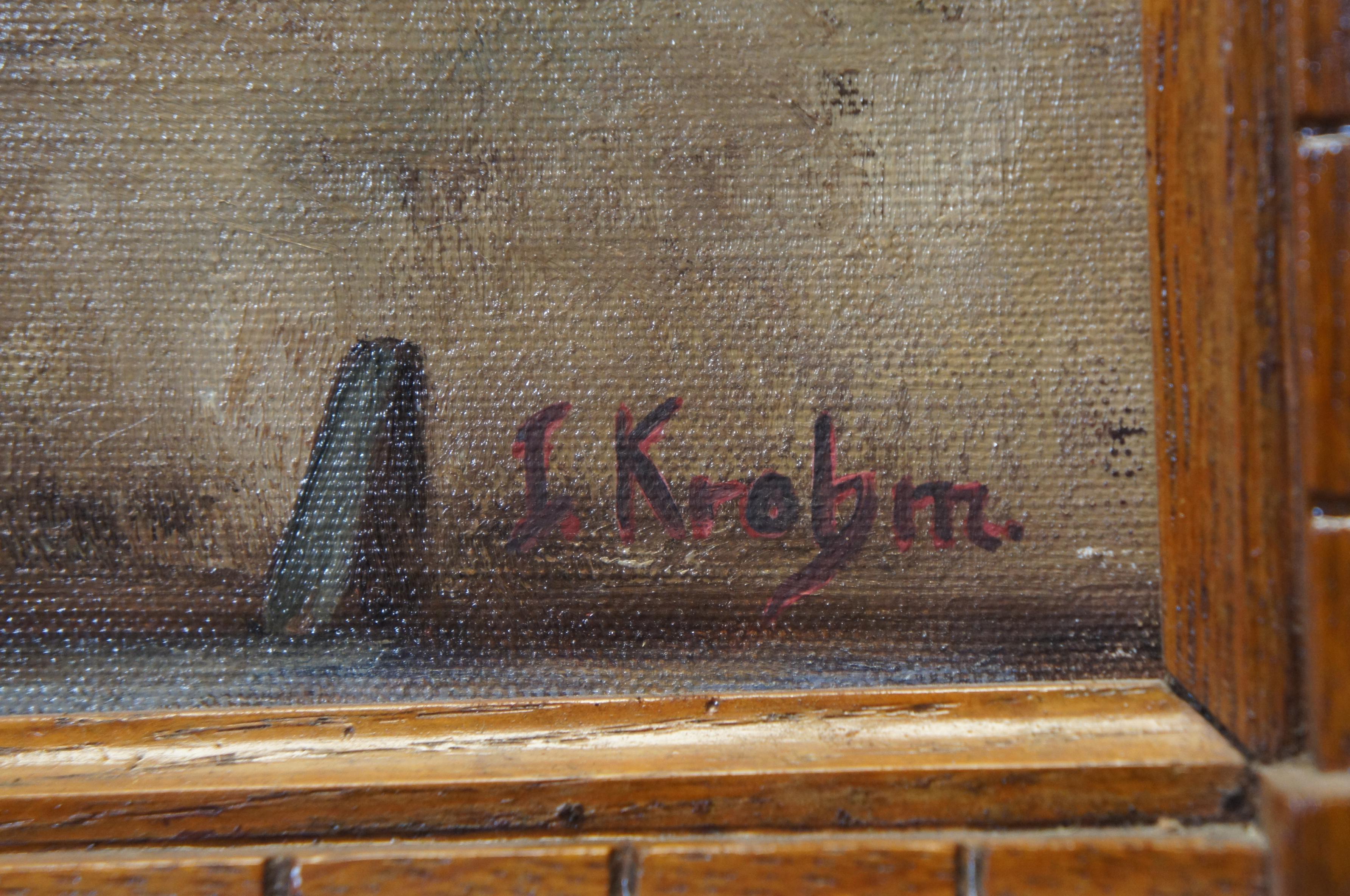 Vintage I. Krohm Schloss Euerburg Castillo alemán Pintura al óleo sobre lienzo 21