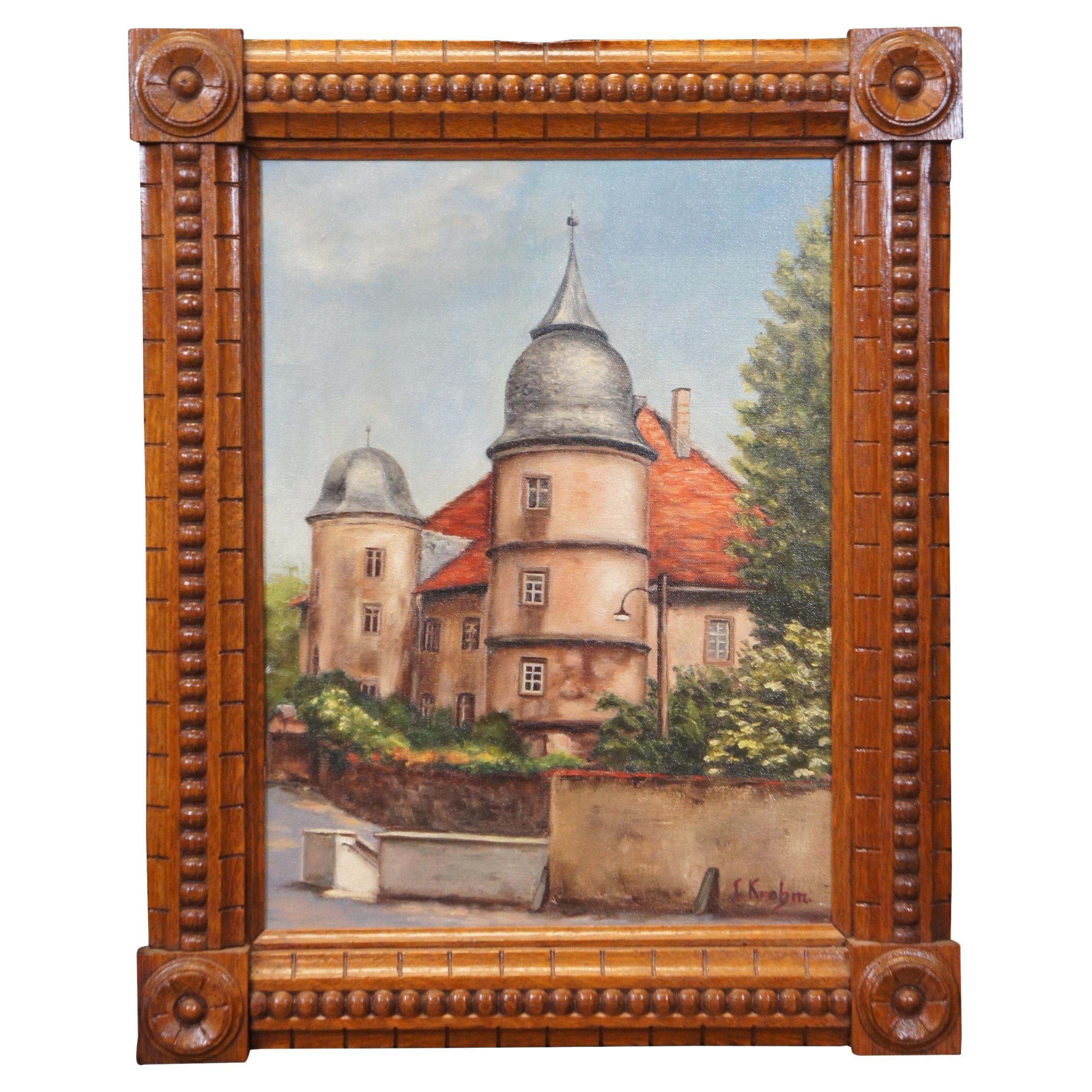 Vintage I. Krohm Schloss Euerburg Castillo alemán Pintura al óleo sobre lienzo 21" en venta