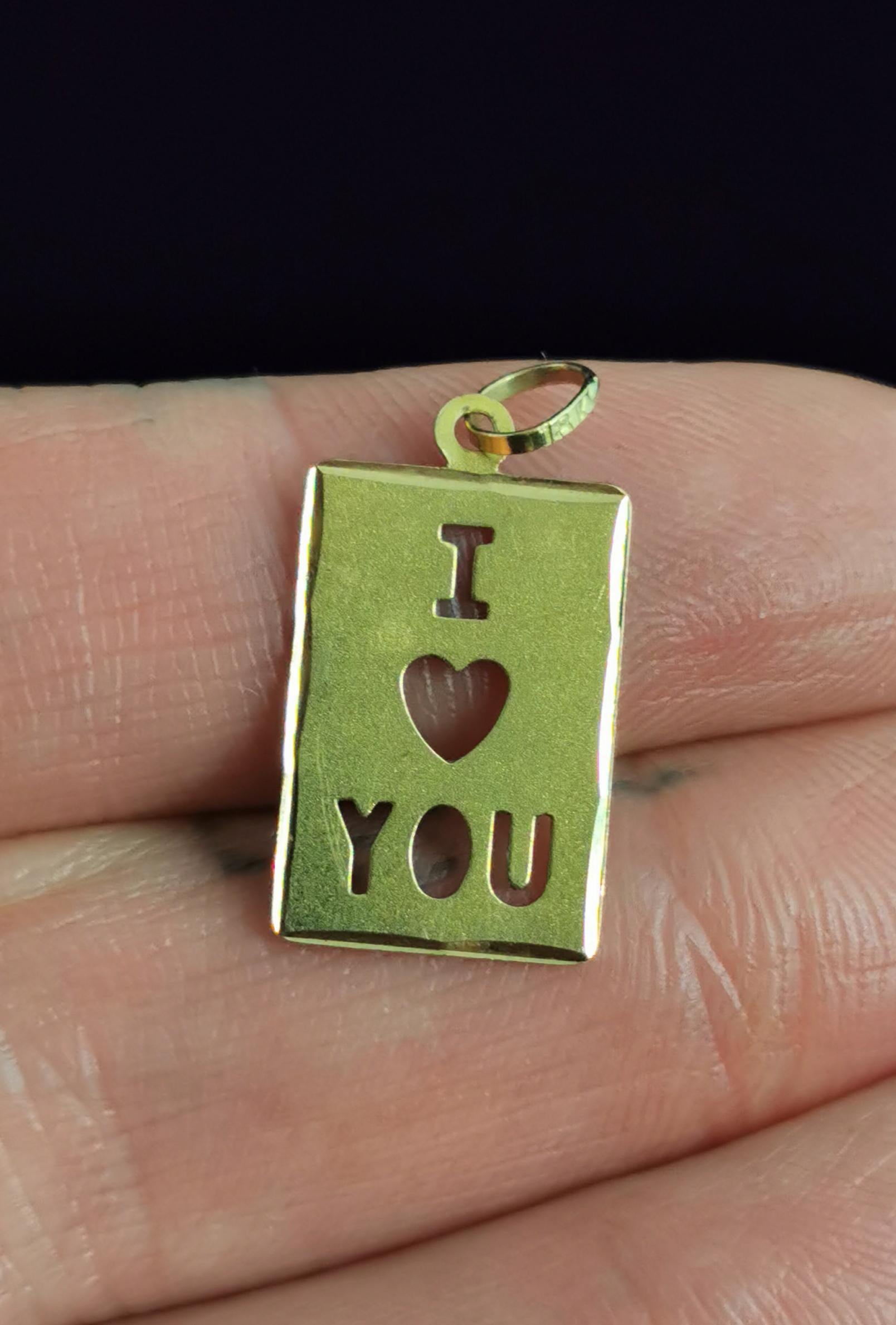 Modern Vintage I Love You Pendant, 18 Karat Yellow Gold, Charm 