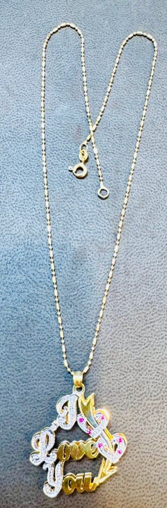 Vintage I Love You  Pendant with Ruby in 14 K Yellow Gold Chain, 16" Long, 5.8gm