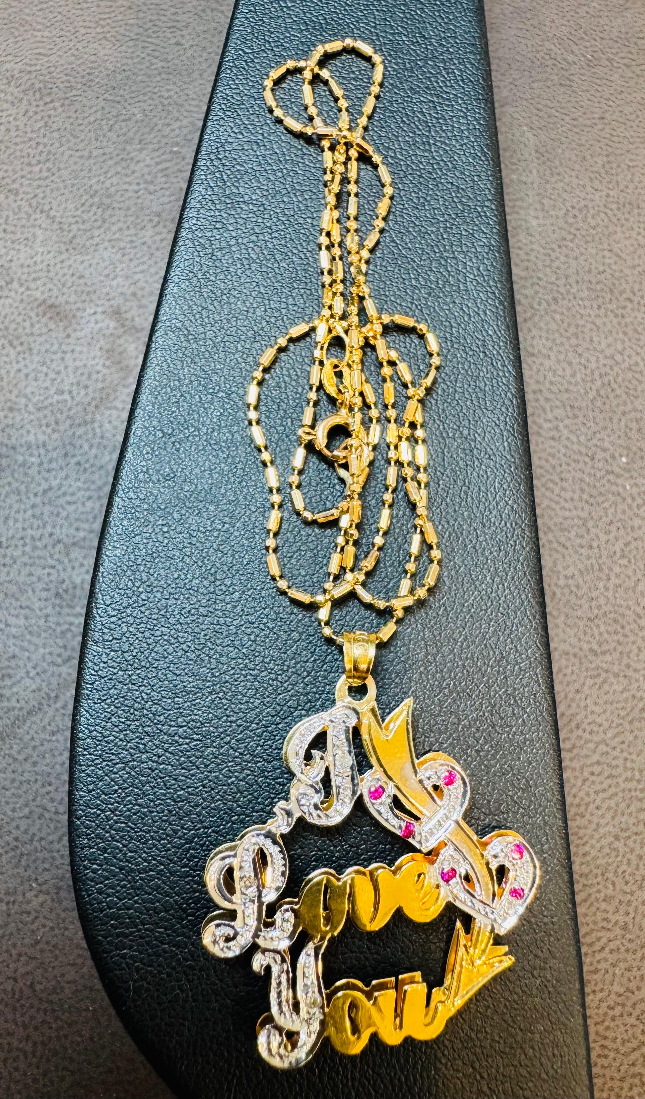 Vintage Ich liebe dich  Anhänger mit Rubin in 14 K Gelbgold Kette, 16