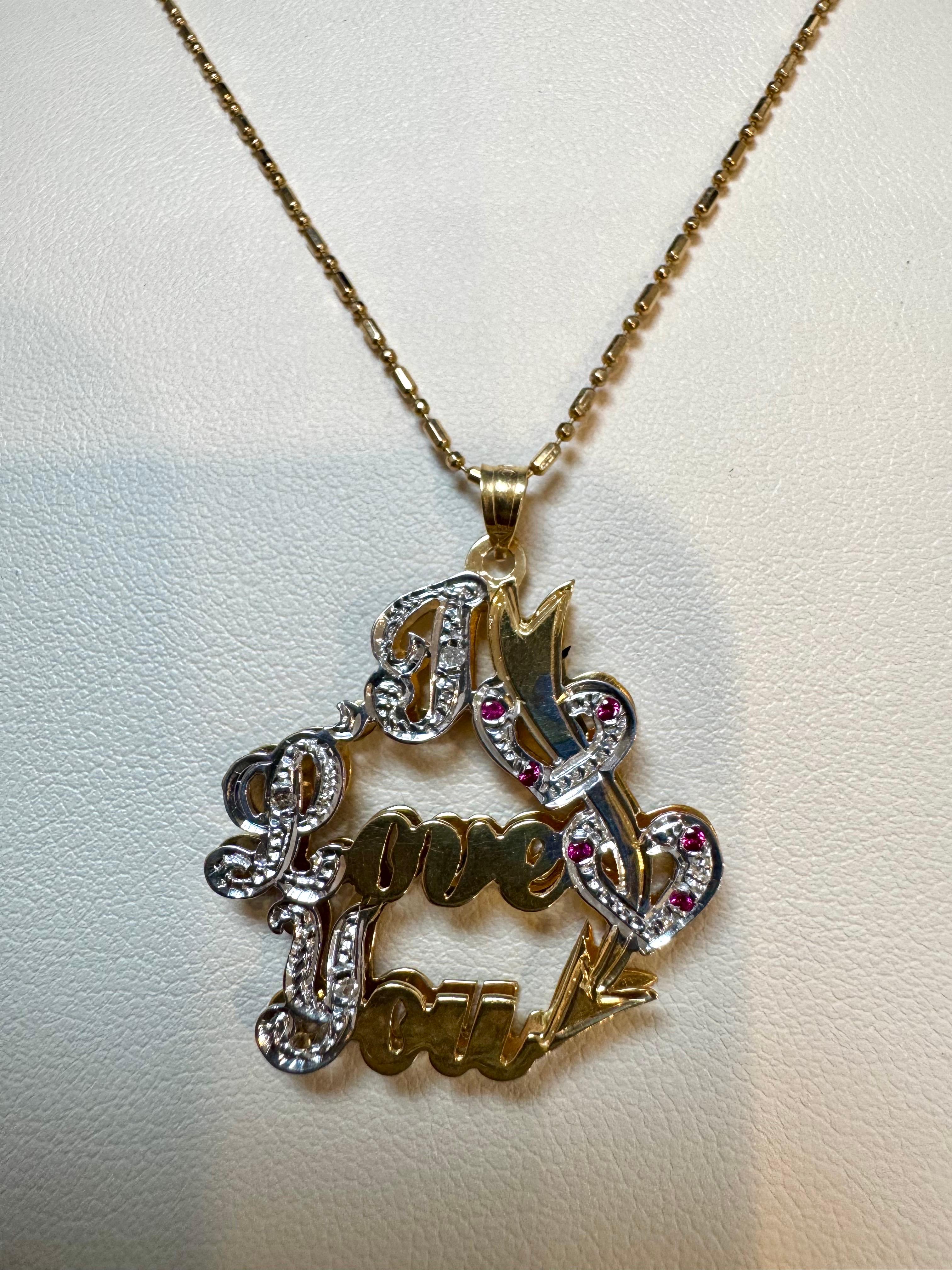 Vintage Ich liebe dich  Anhänger mit Rubin in 14 K Gelbgold Kette, 16
