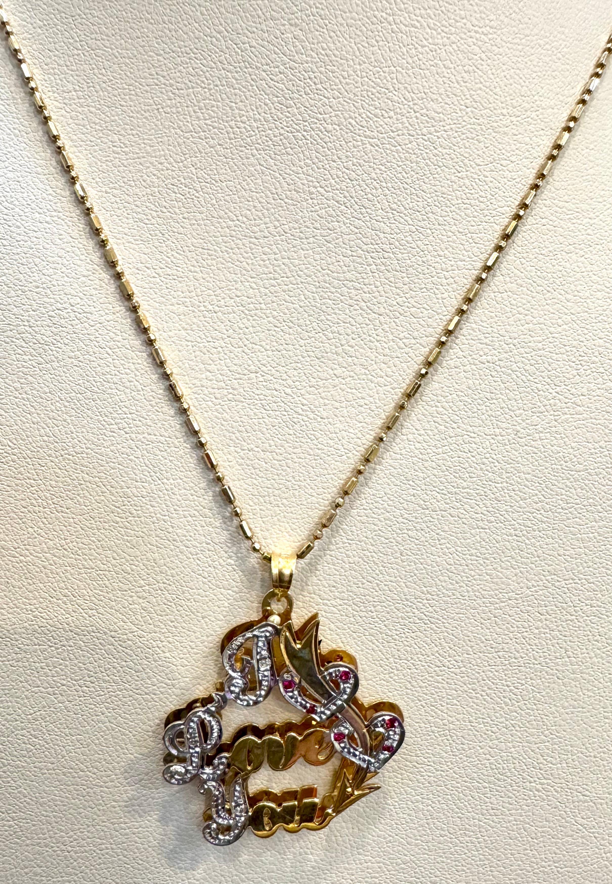Vintage Ich liebe dich  Anhänger mit Rubin in 14 K Gelbgold Kette, 16