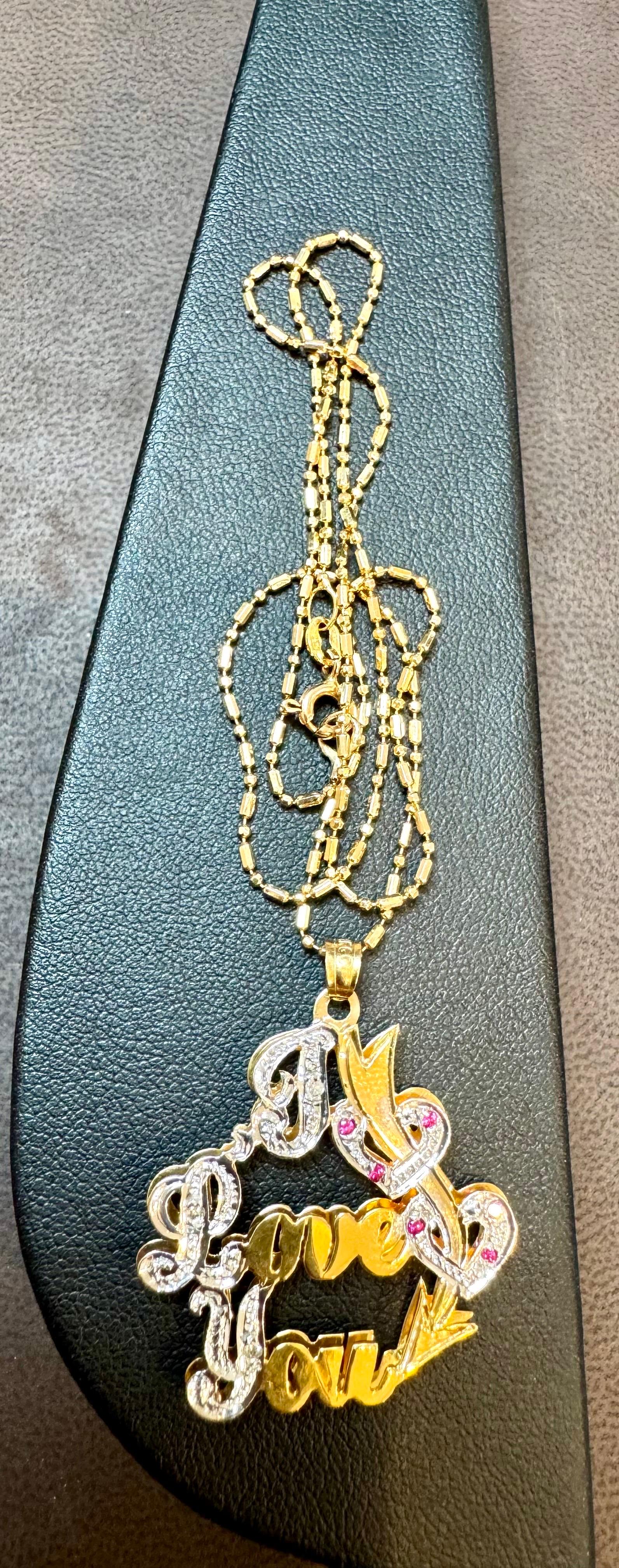 Vintage Ich liebe dich  Anhänger mit Rubin in 14 K Gelbgold Kette, 16