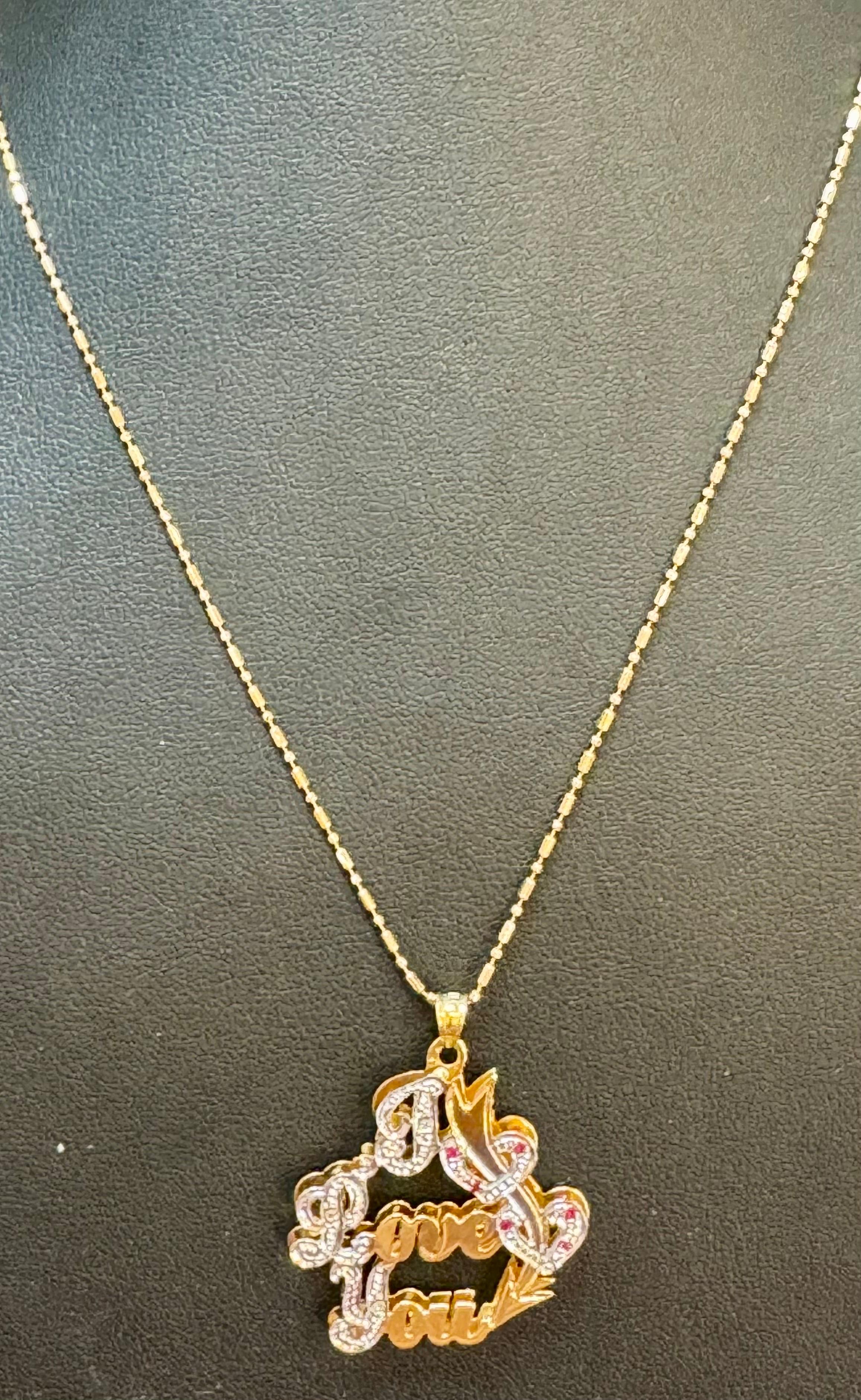 Vintage Ich liebe dich  Anhänger mit Rubin in 14 K Gelbgold Kette, 16