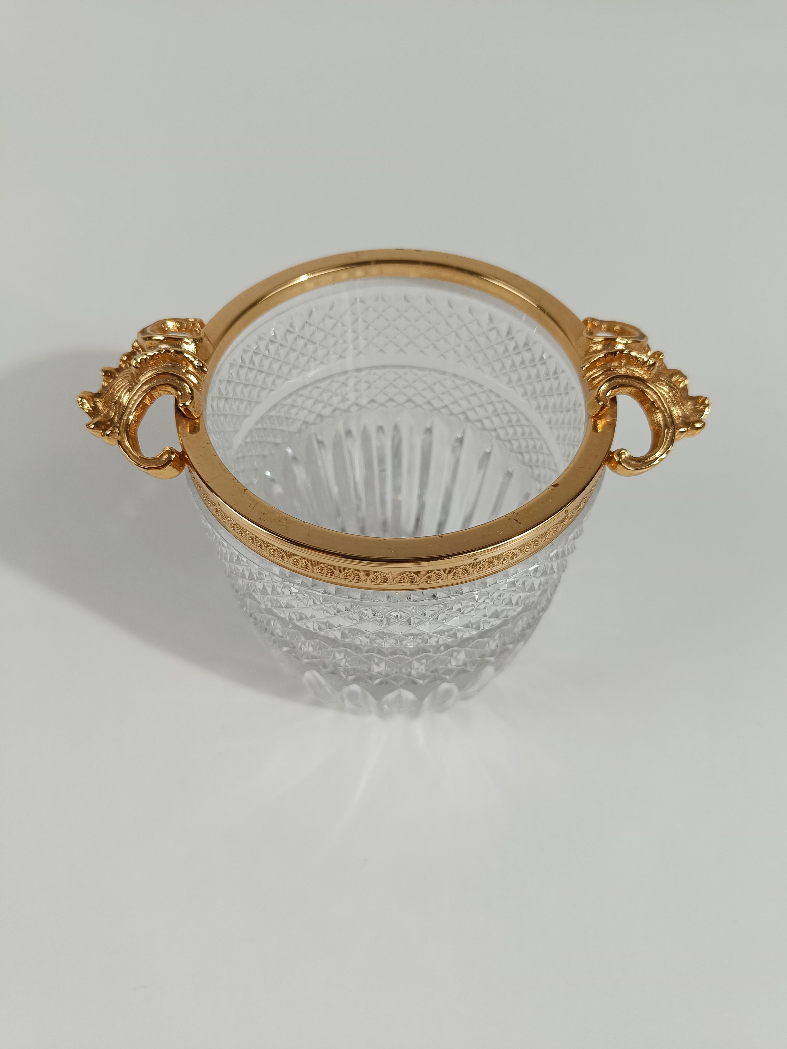 Vintage Ice Bucket in Cut Crystal with gilded metal Shells in Rococo Style For Sale 6
